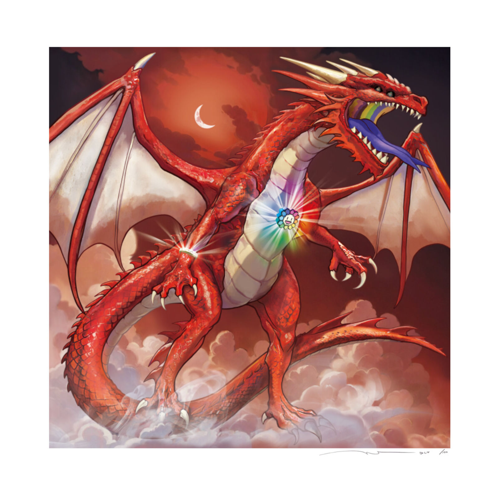 A red dragon with a flower in its mouth.