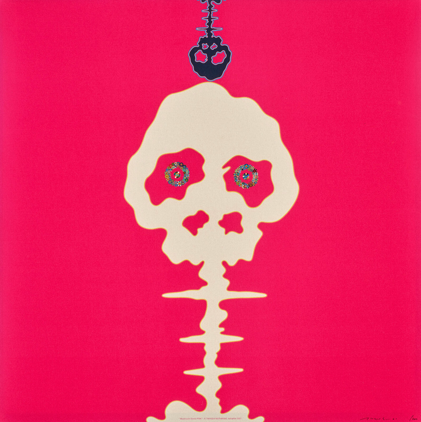 A pink poster with a white skull on a red background.