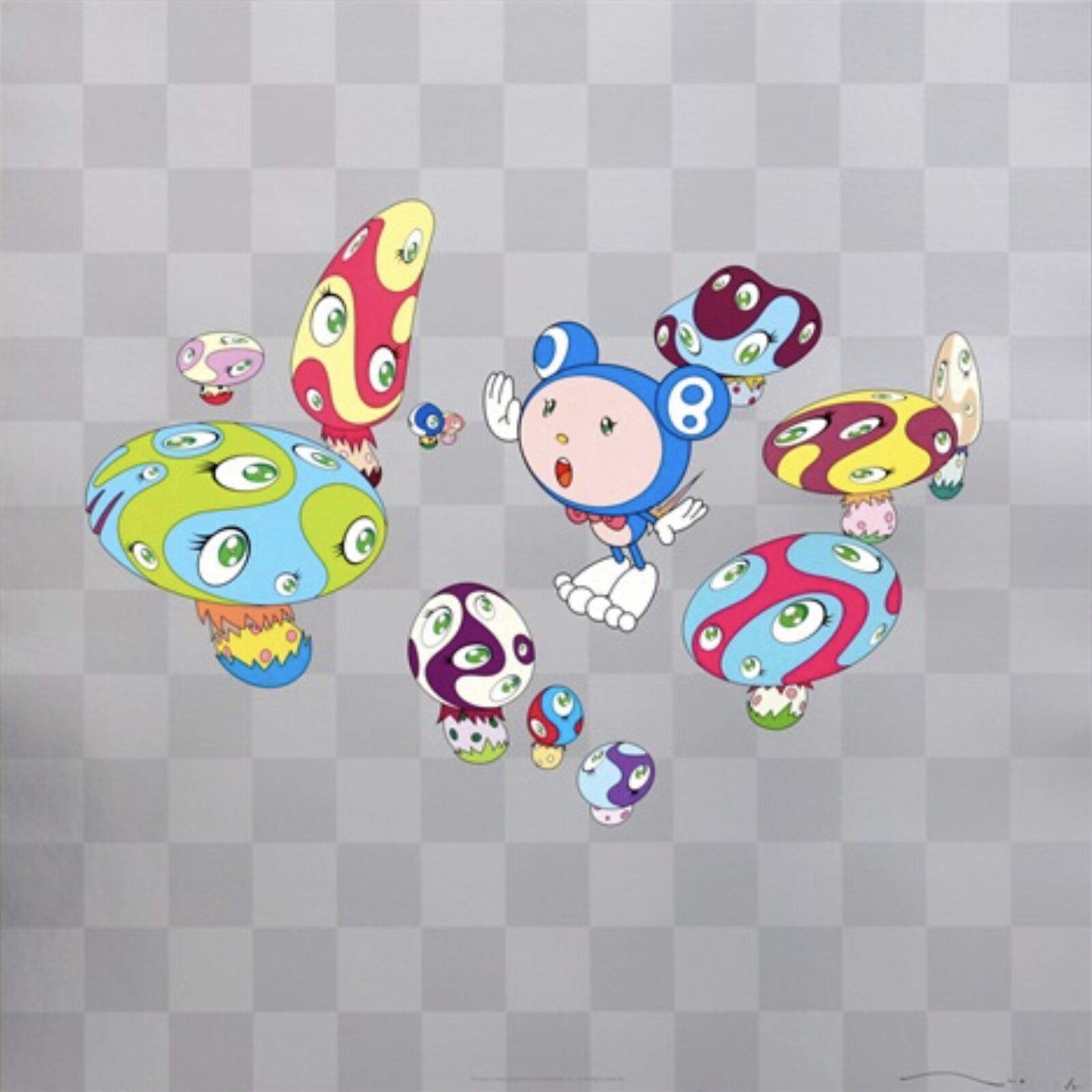 A group of cartoon characters flying through the air.