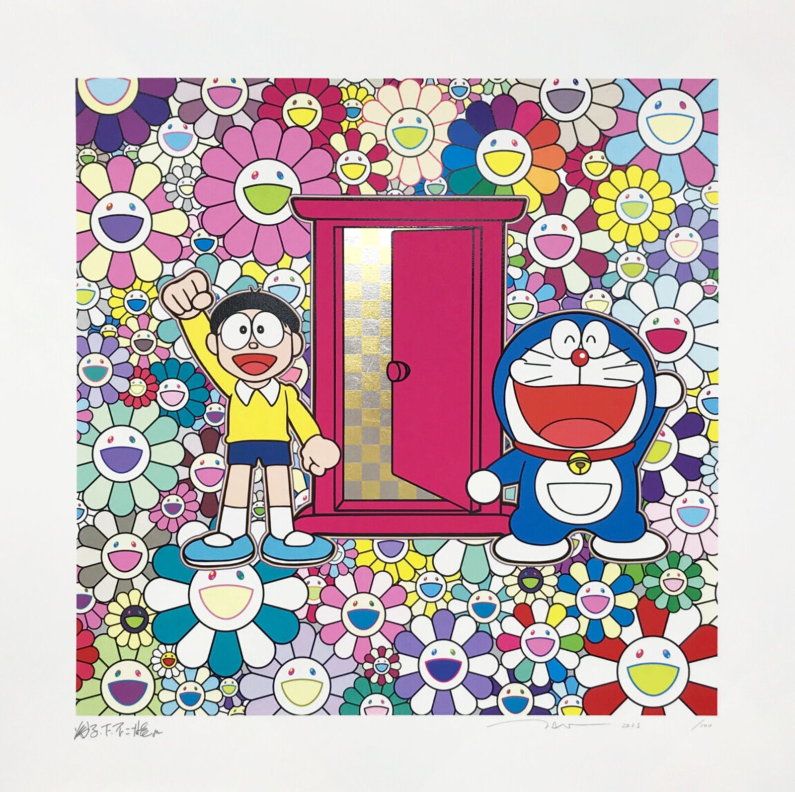 A painting of a boy and a doraemon standing in front of a door.
