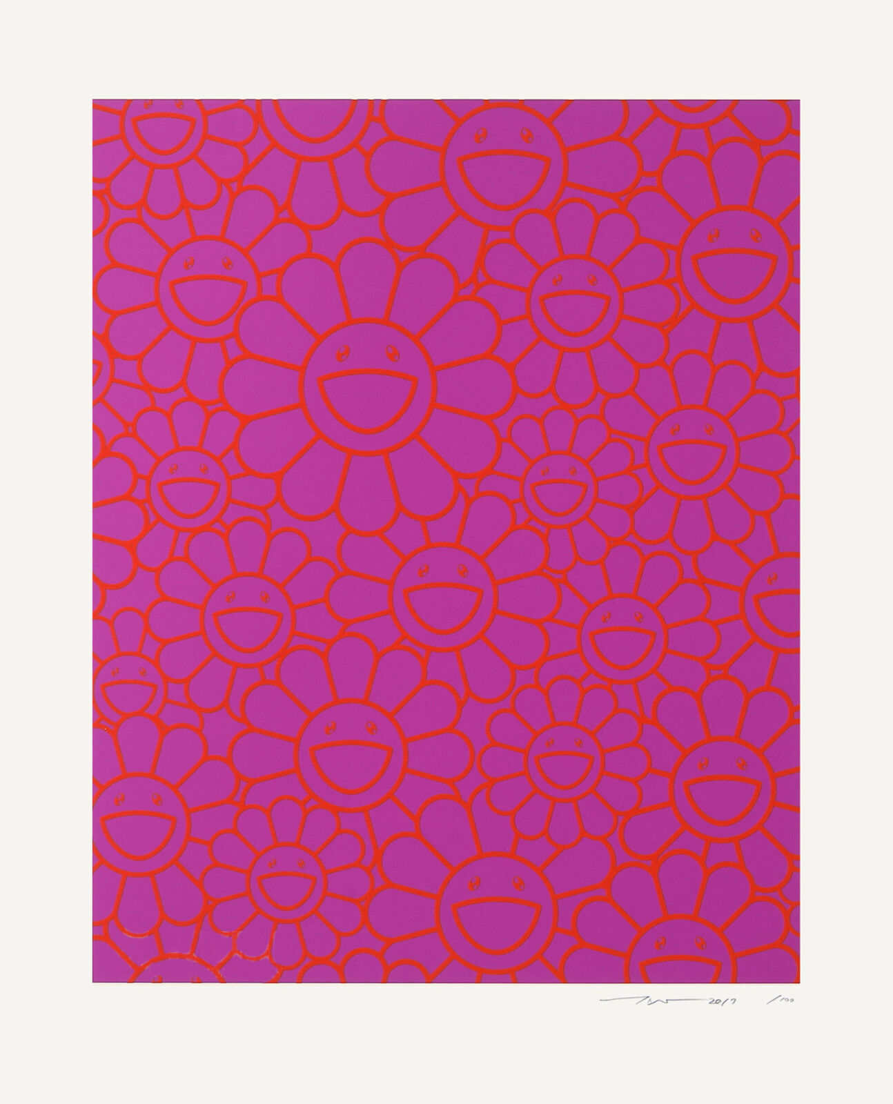 A pink and red flower pattern with smiley faces on it.