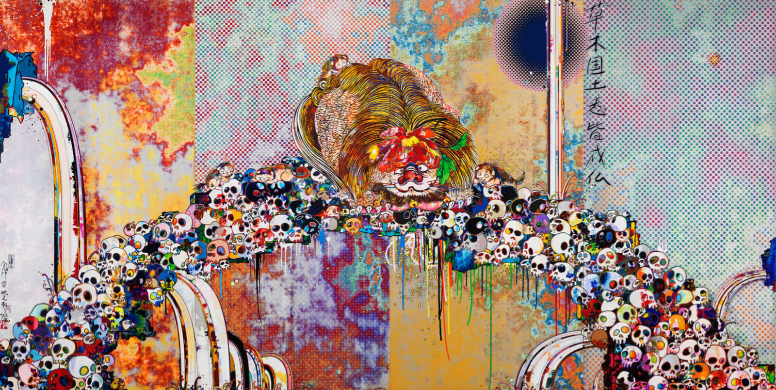 A painting of a lion surrounded by skulls on a wall.