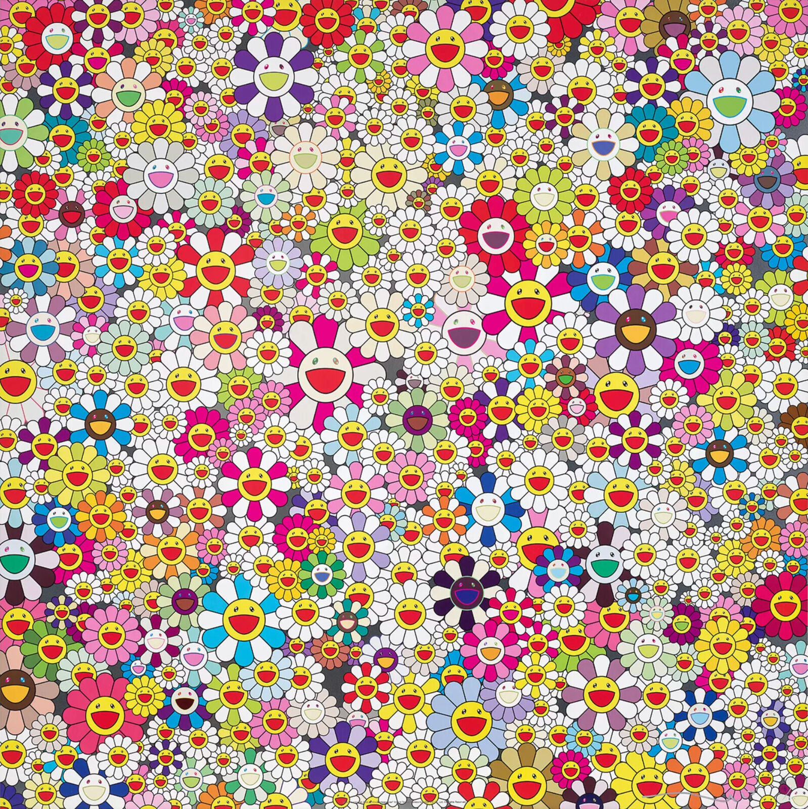 A large group of smiley faces surrounded by flowers.