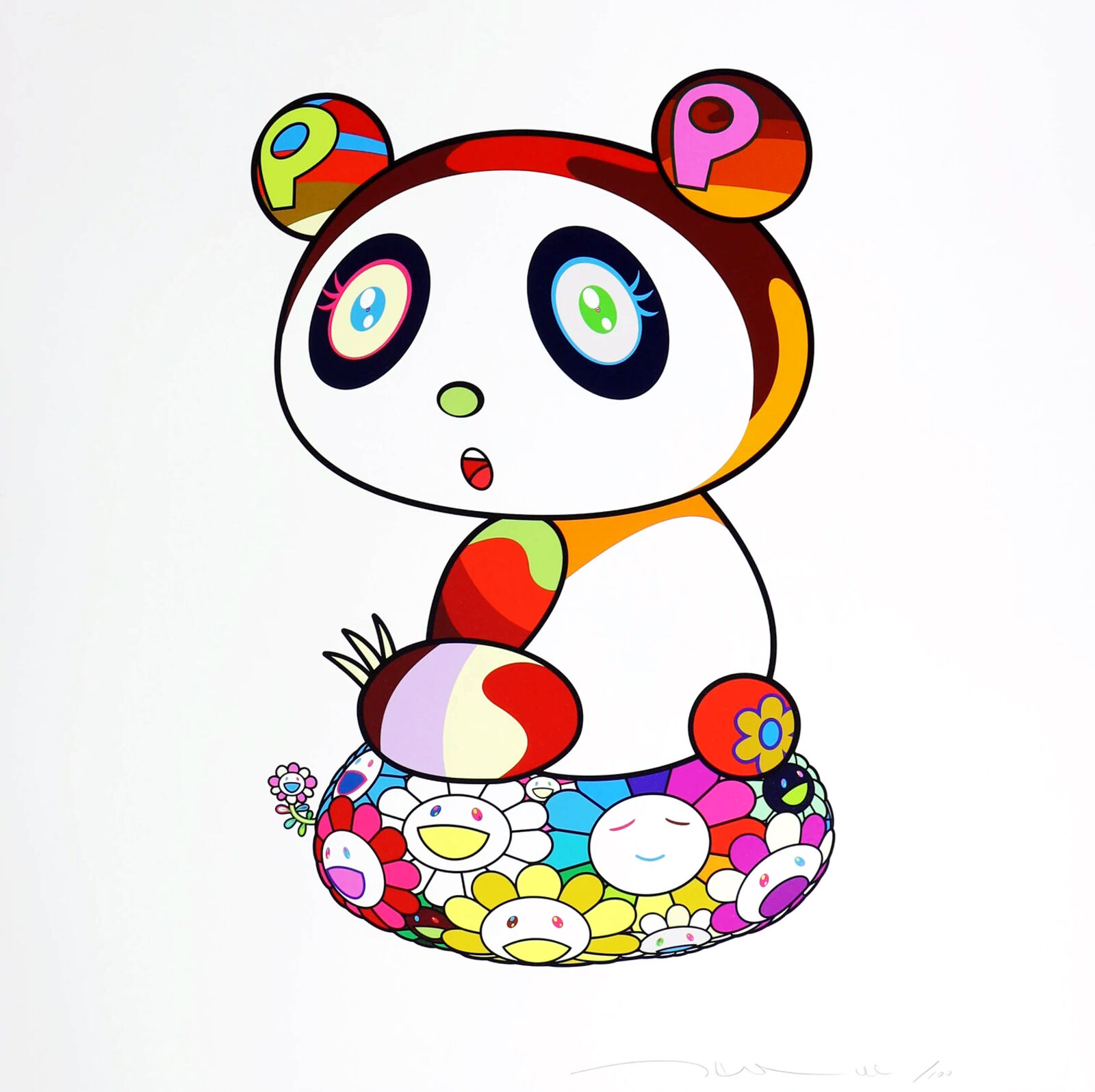 A drawing of a panda bear sitting on top of a ball of flowers.