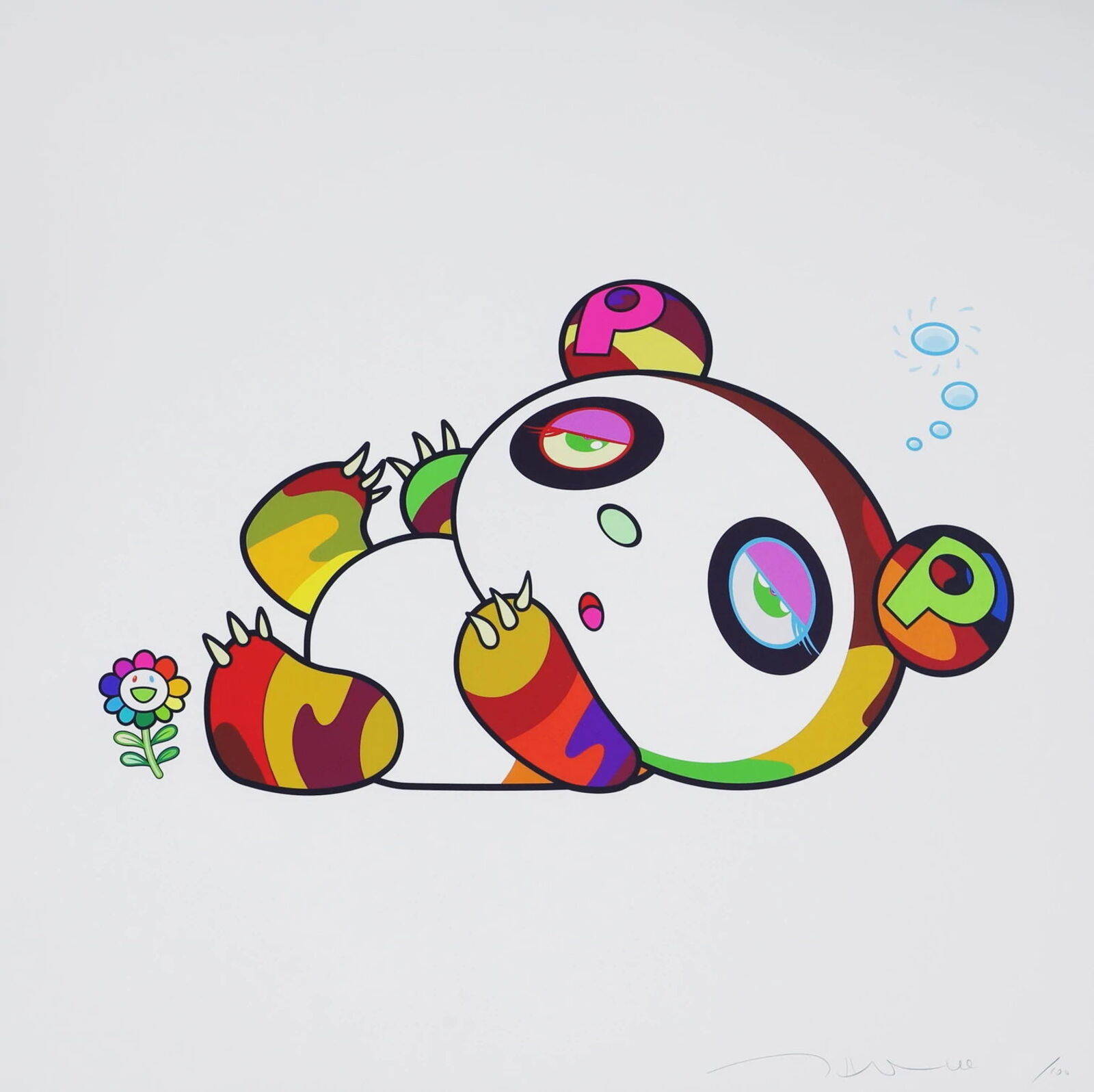 A drawing of a panda bear with a flower in its mouth.