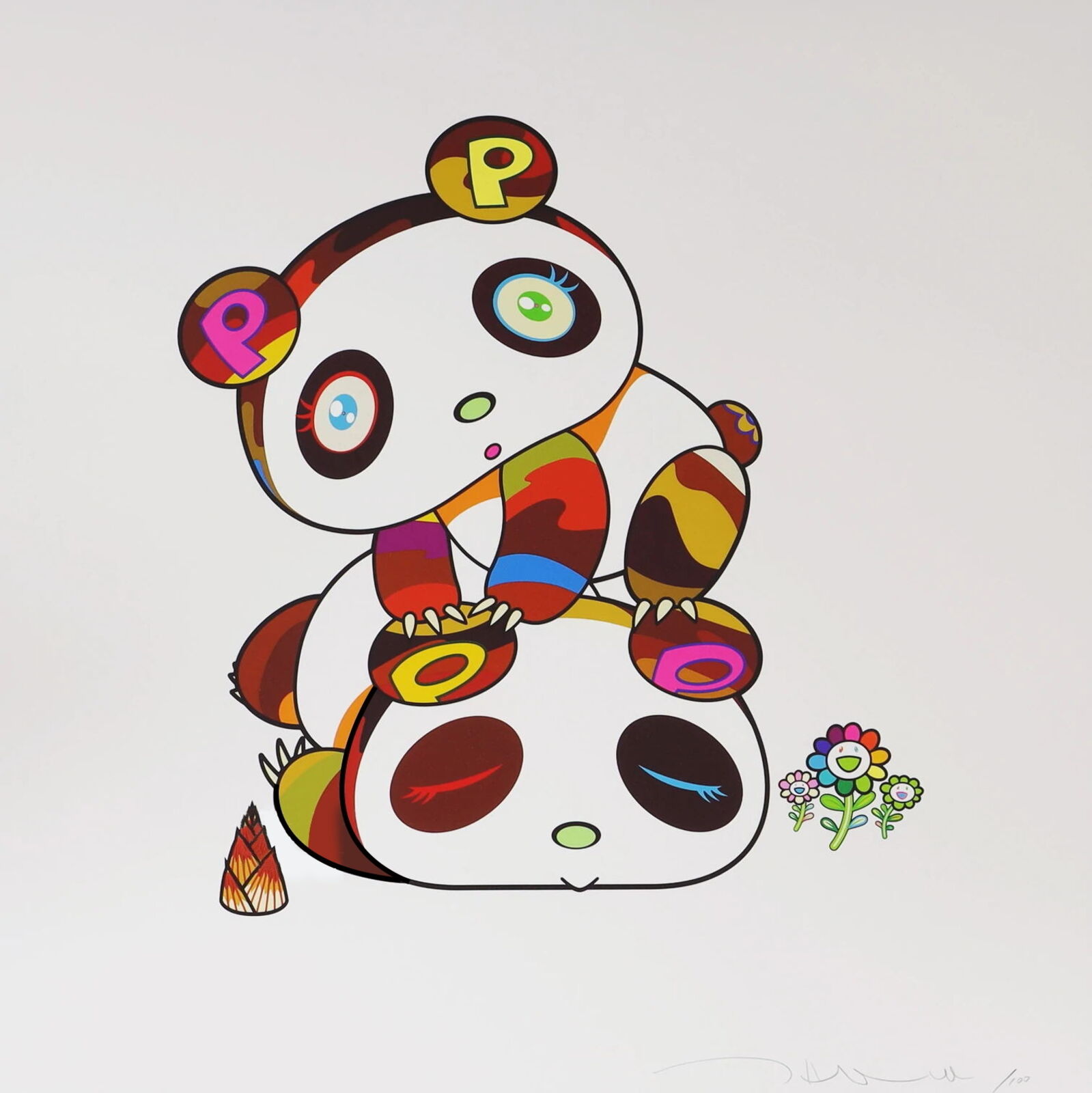 A drawing of a panda bear sitting on top of another panda.