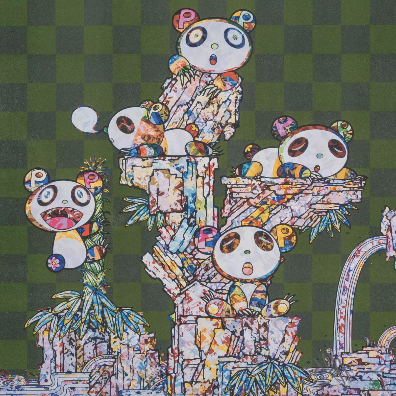A painting of a group of panda bears sitting on top of a pile of rocks.