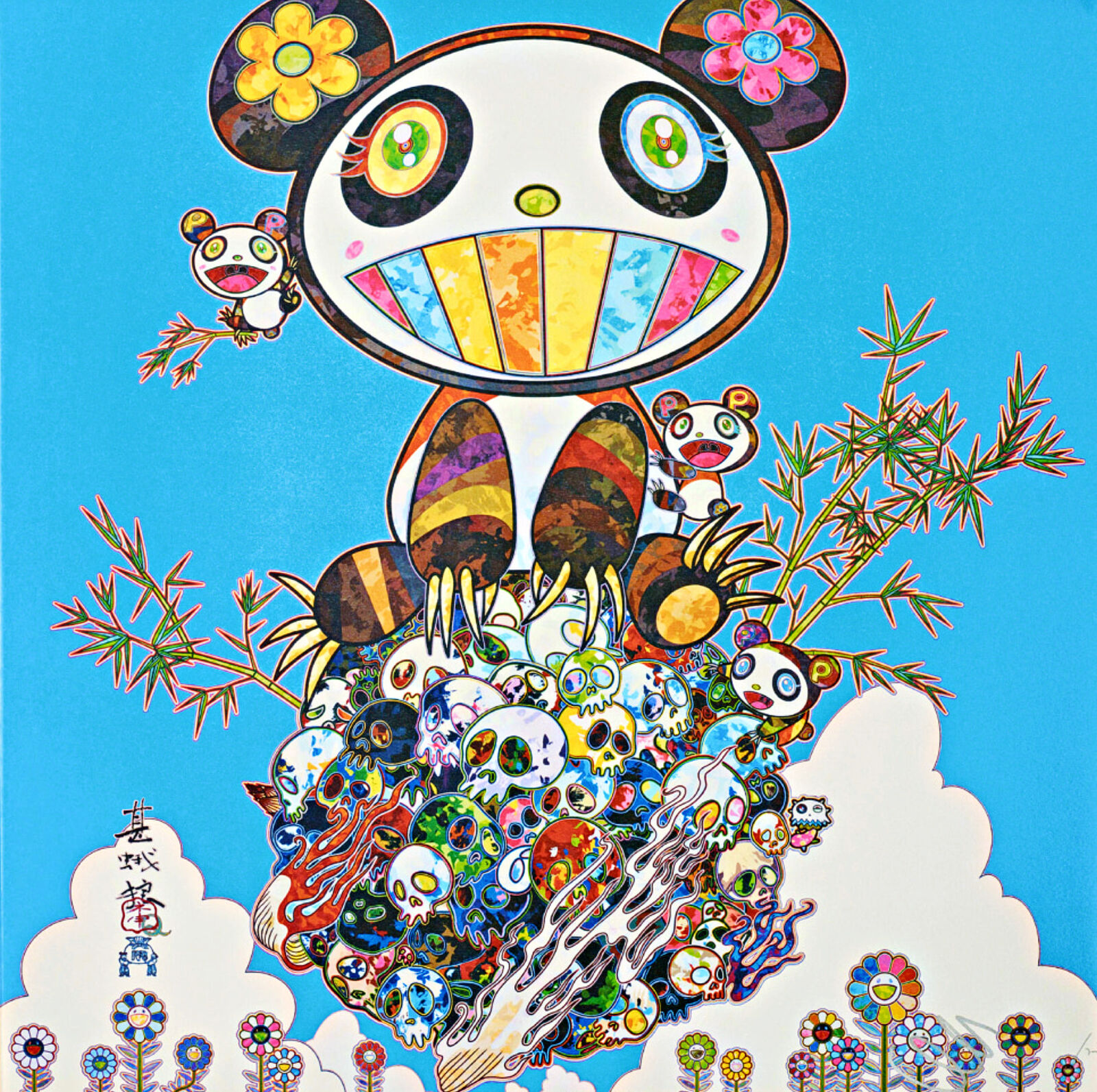 A painting of a panda bear sitting on top of a pile of skulls.
