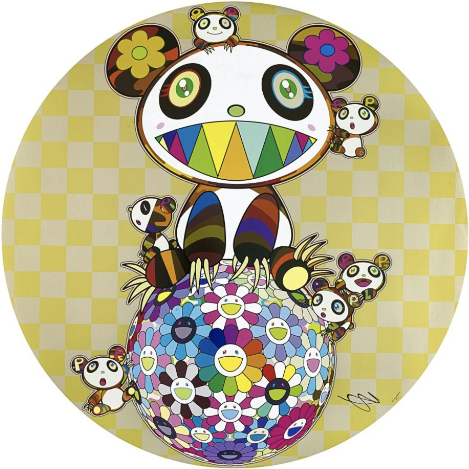 A panda bear sitting on top of a colorful ball of flowers.