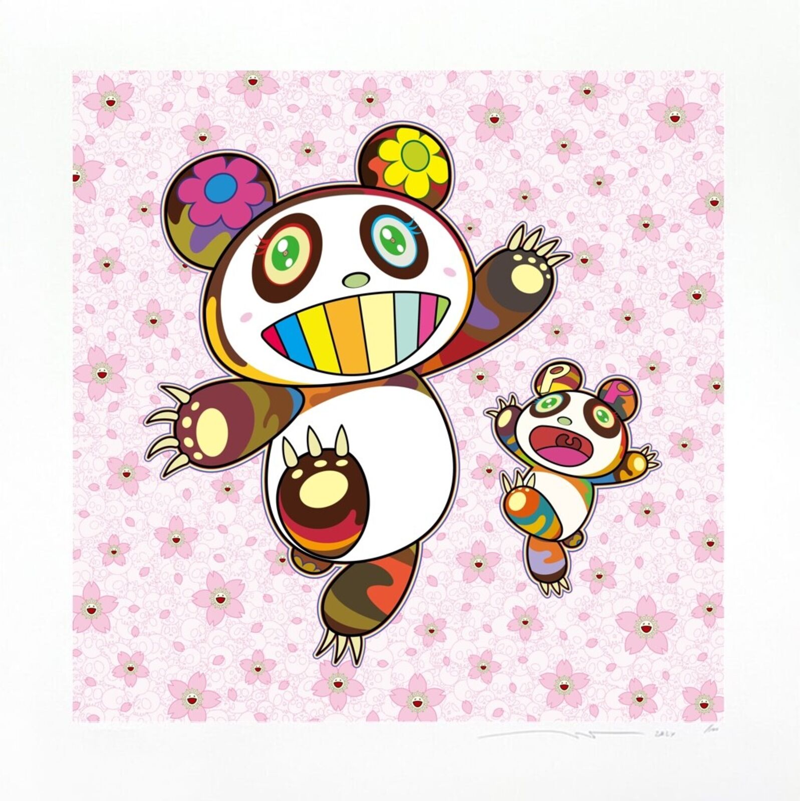 Artwork by Takashi Murakami, Panda Parent and Cub in a Shower of Cherry Blossoms, Made of Silkscreen 