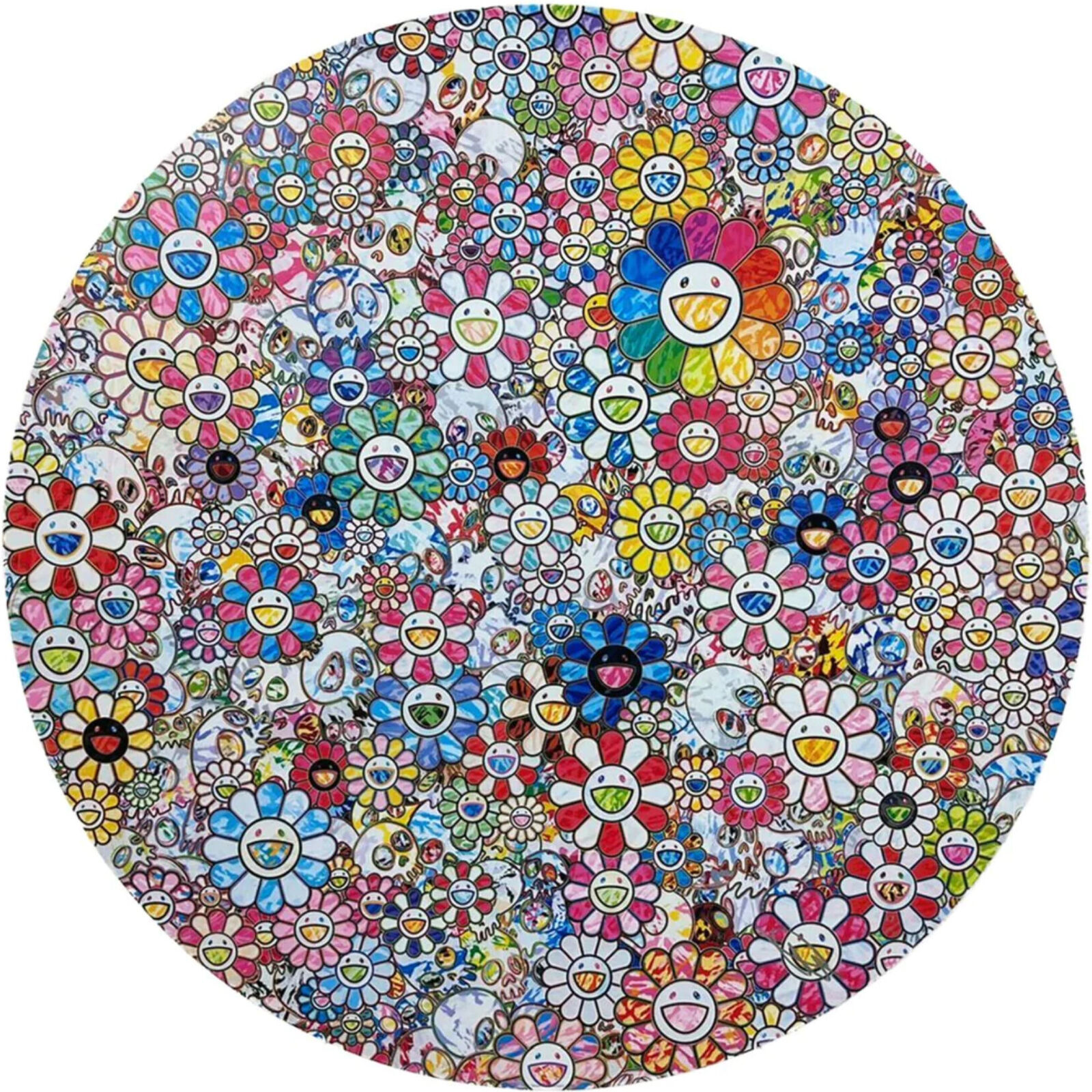 A circle of colorful flowers on a white background.