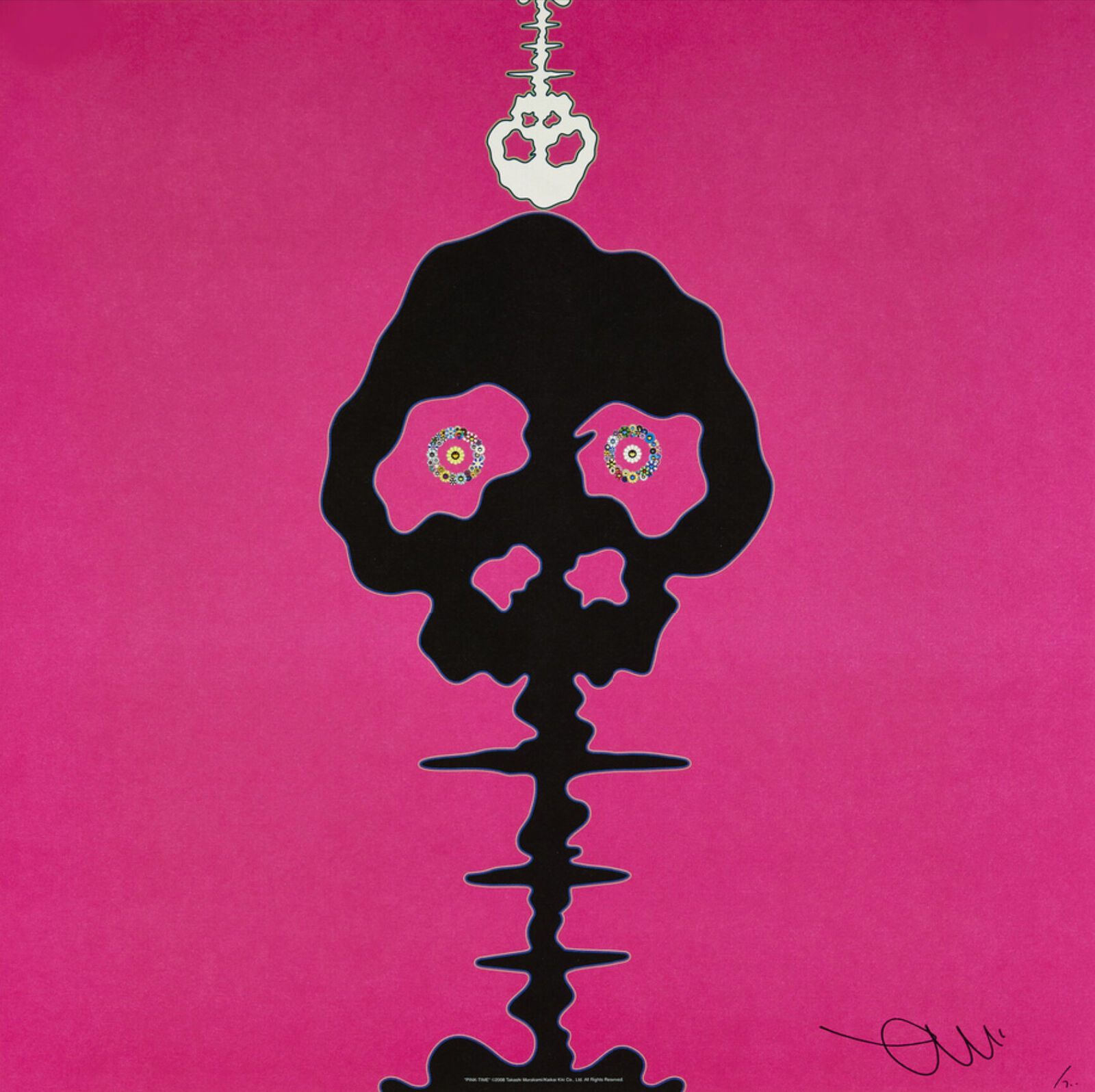 A pink poster with a black and pink skull on it.