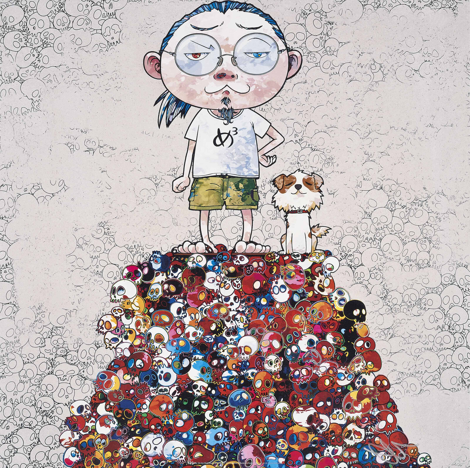 A boy standing on top of a pile of skulls with a dog.
