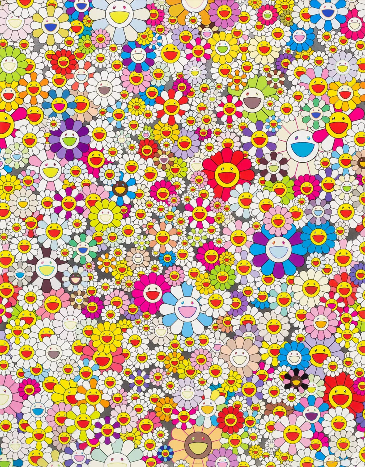 A large group of colorful flowers with smiley faces.