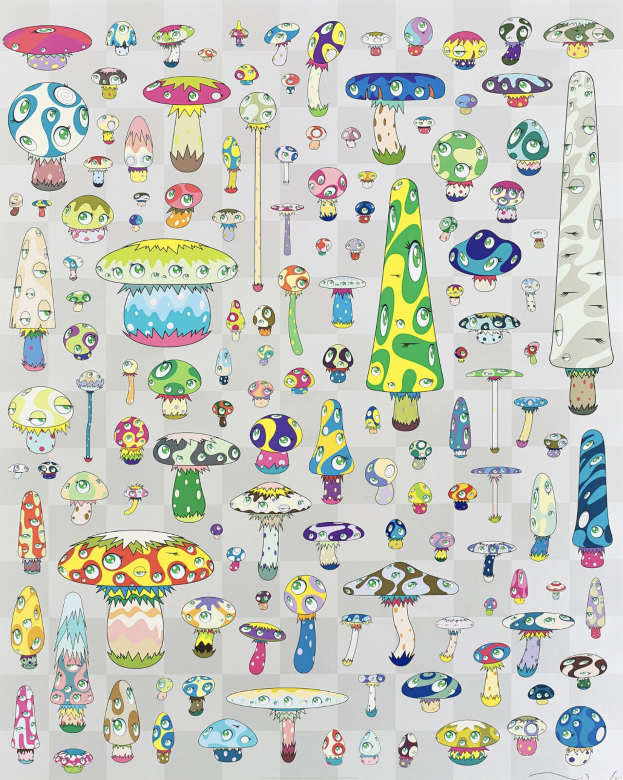 A bunch of different colored mushrooms on a white background.