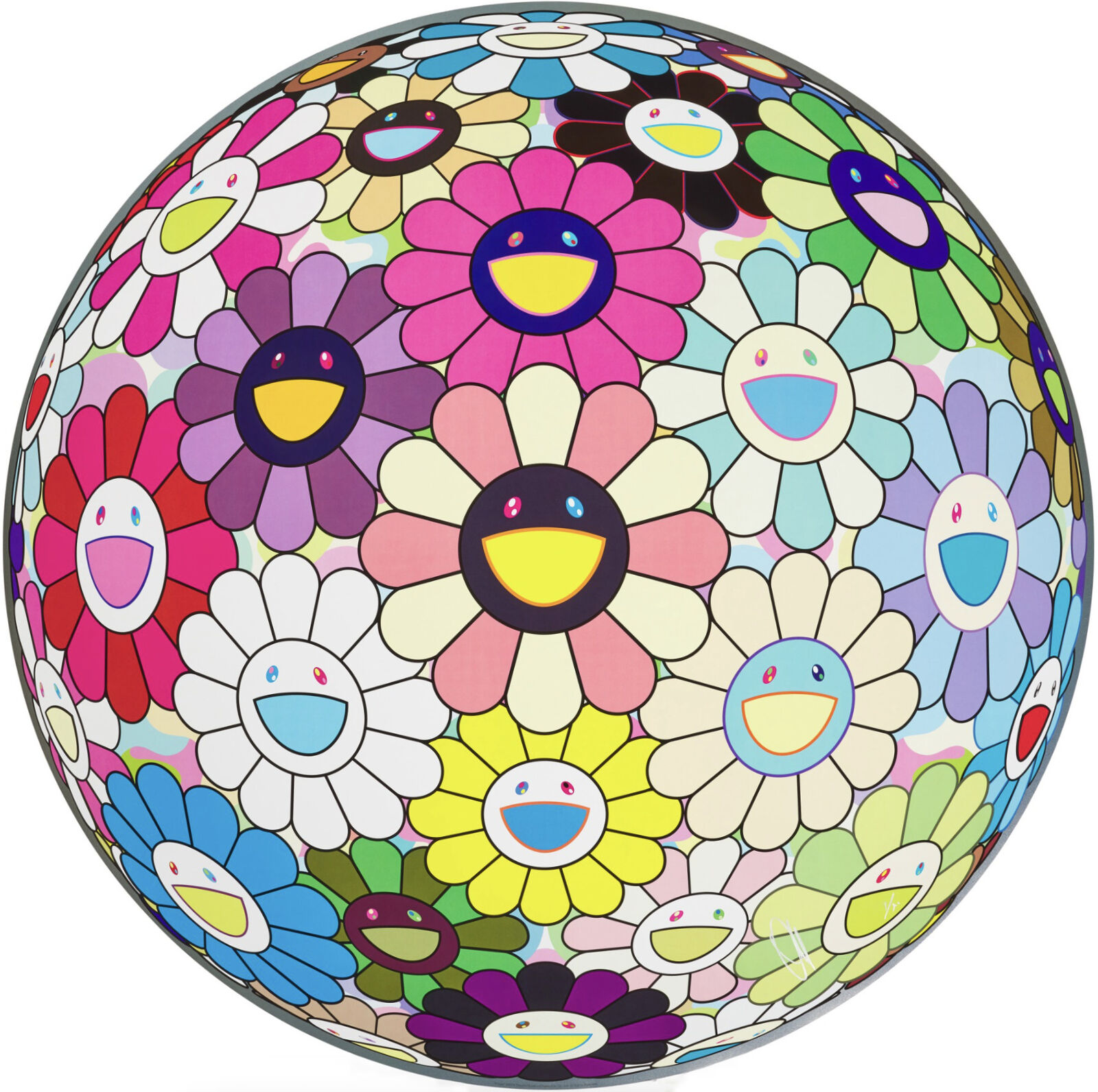 A colorful flower ball with smiley faces on it. 