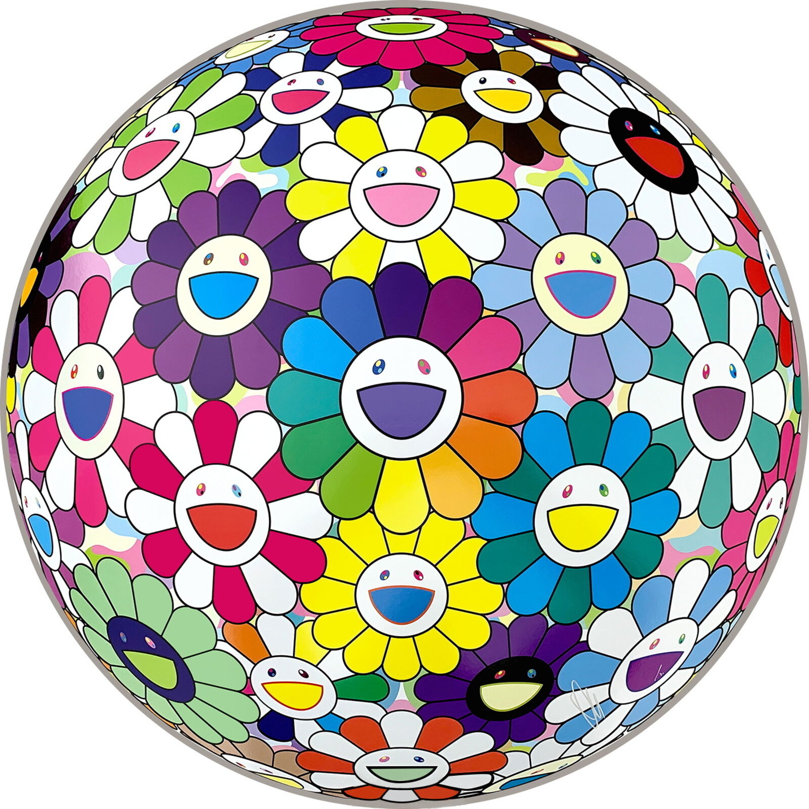 A colorful flower ball with smiley faces on it.