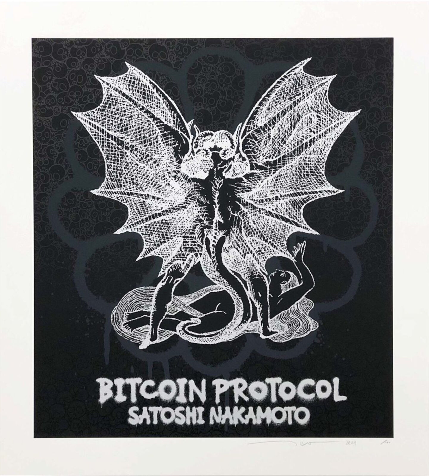 A black and white illustration of a dragon with the words Bitcoin Protocol.