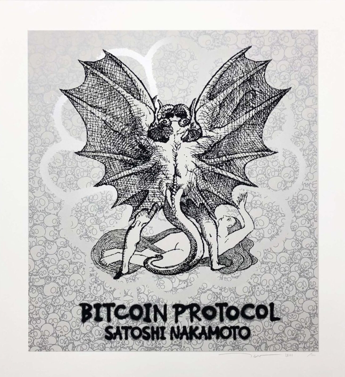 A black and white drawing of a dragon with the words Bitcoin Protocol.