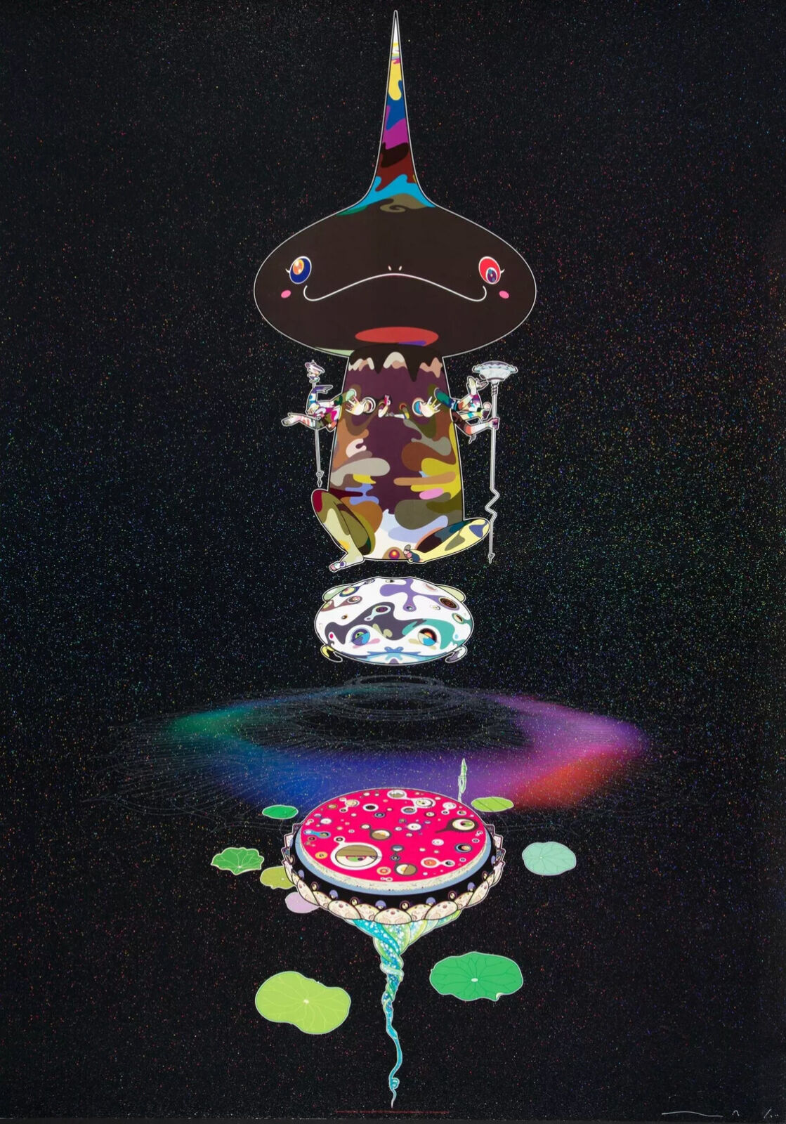 A painting of a mushroom with a unicorn horn on top of it.