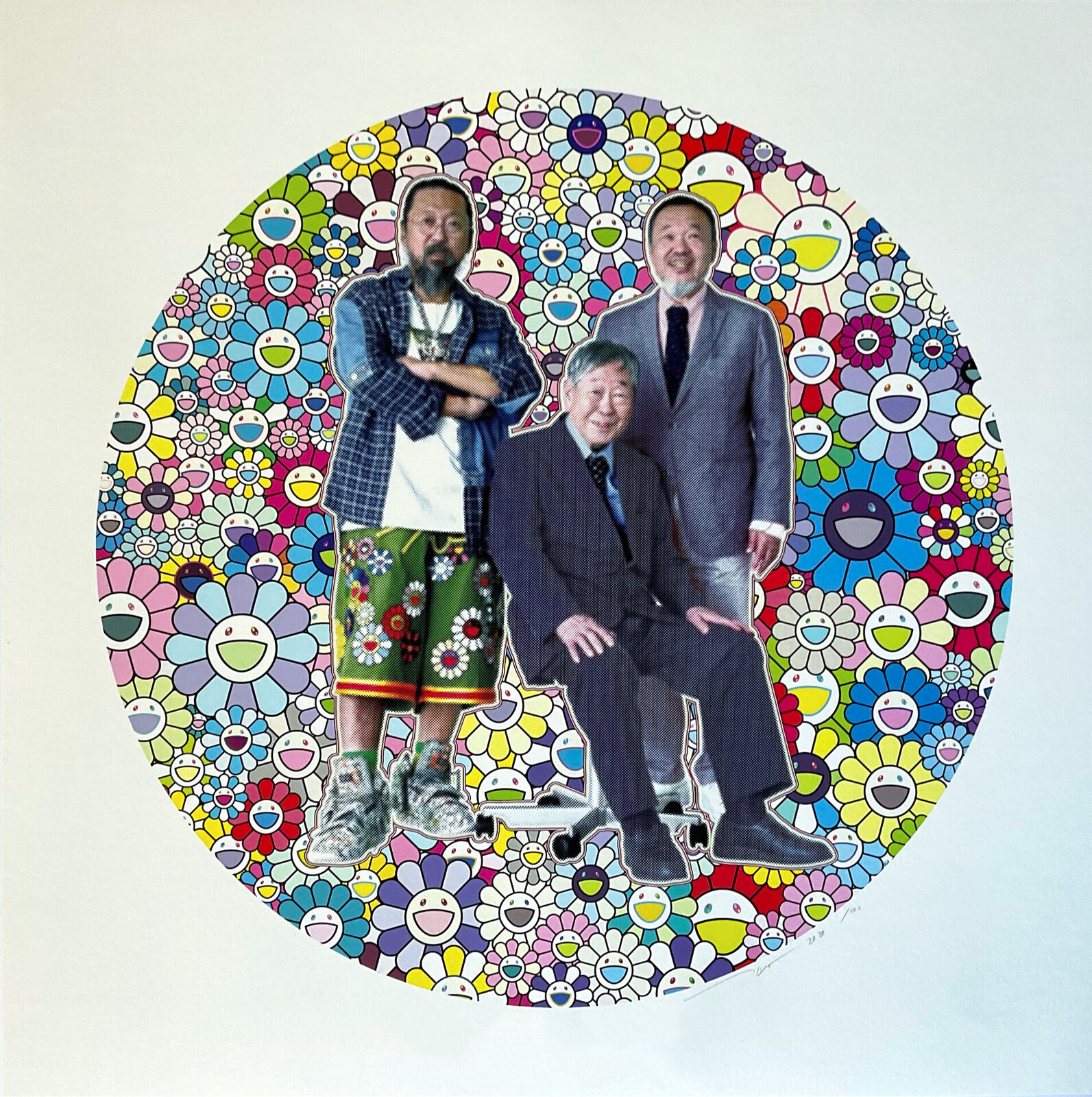 A group of three men standing next to each other in front of a colorful circle.