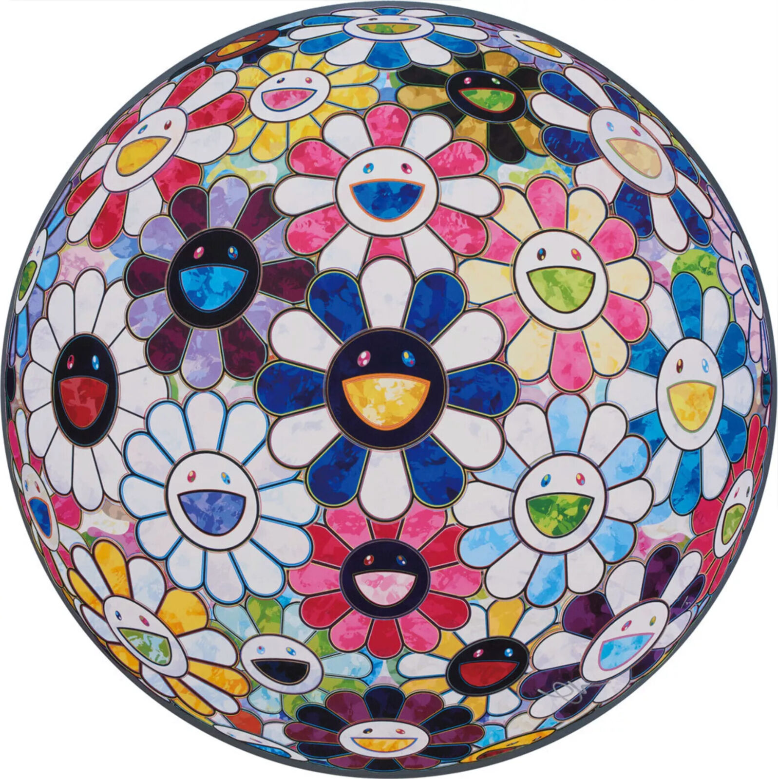 A colorful flower ball with smiley faces on it.