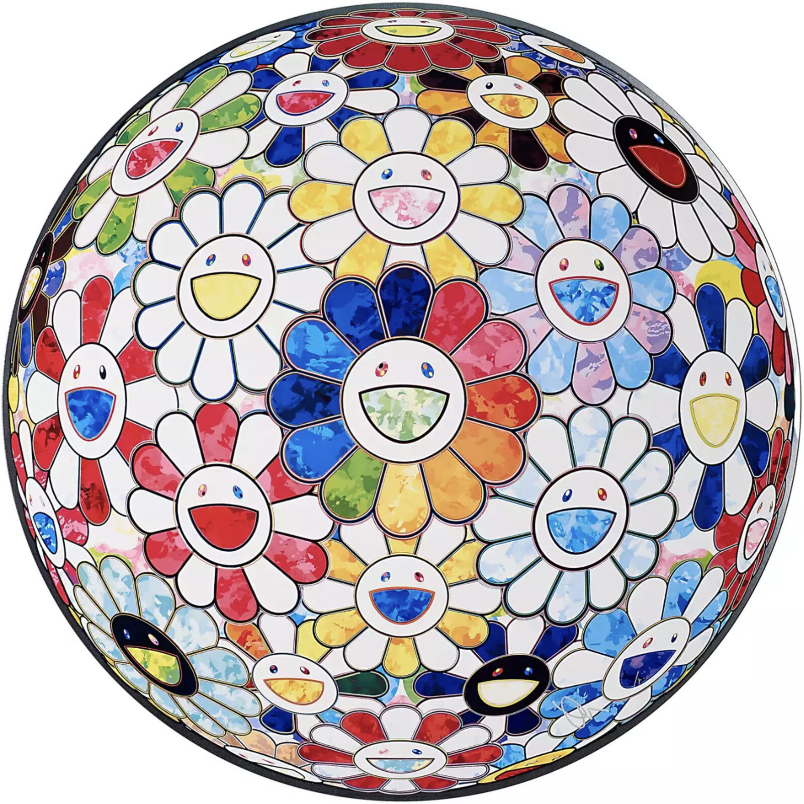 A colorful flower ball with smiley faces on it.