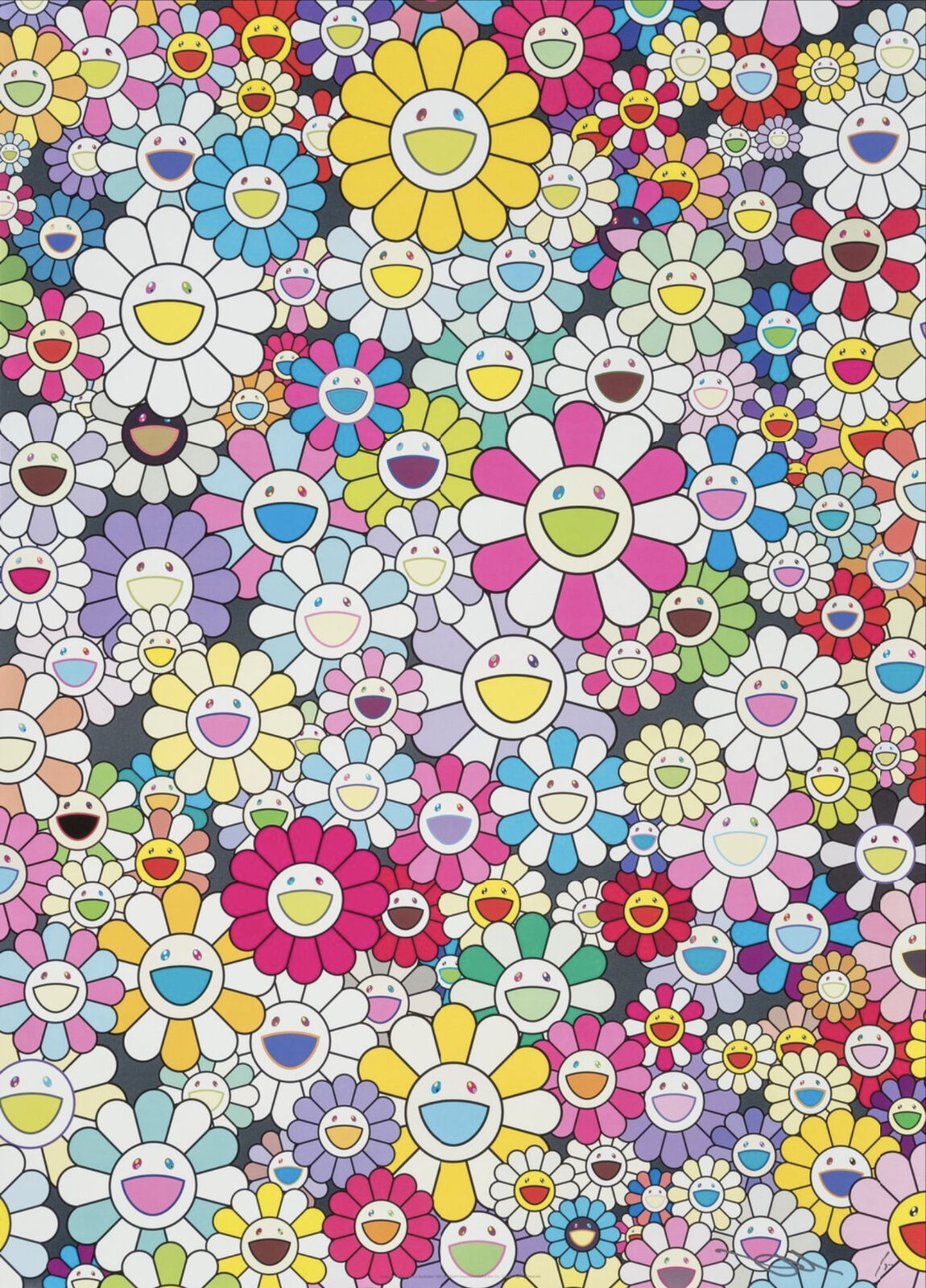 A large group of colorful flowers with smiley faces.