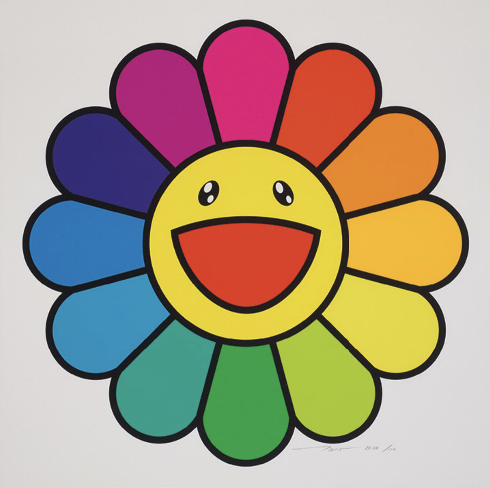 A colorful flower with a smiley face on it.