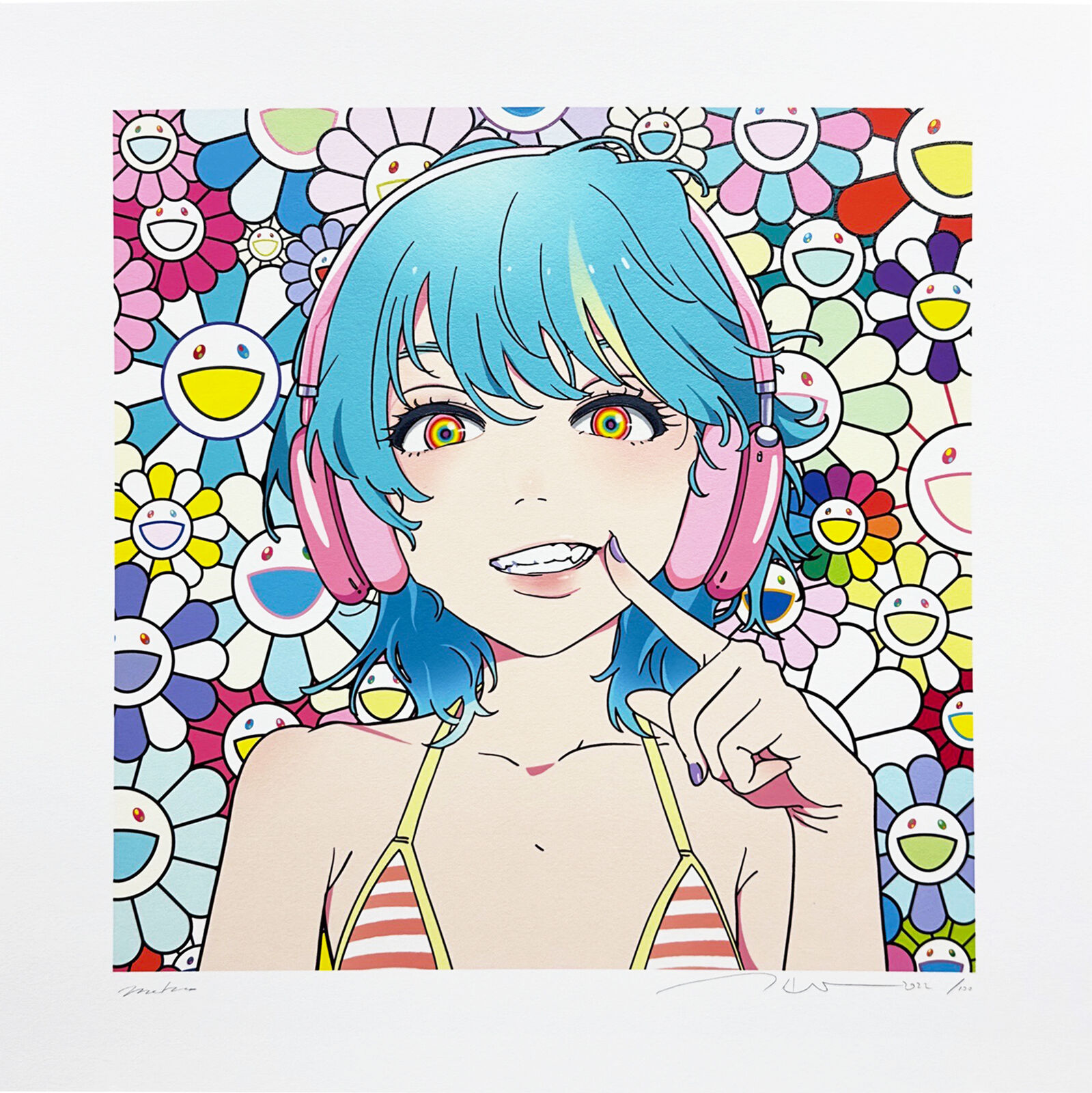 A drawing of a girl with blue hair and headphones.