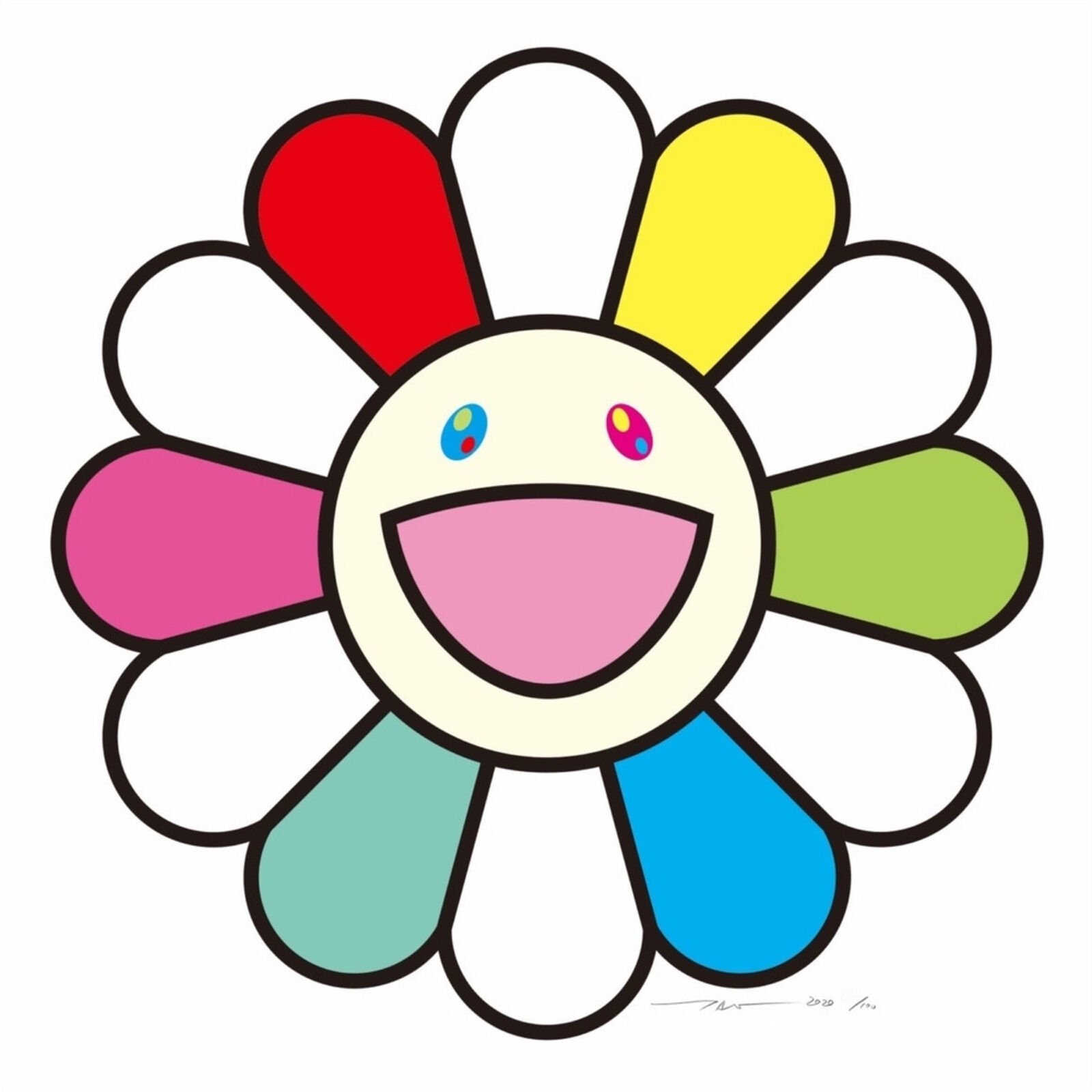 A drawing of a smiling flower with a smiley face.