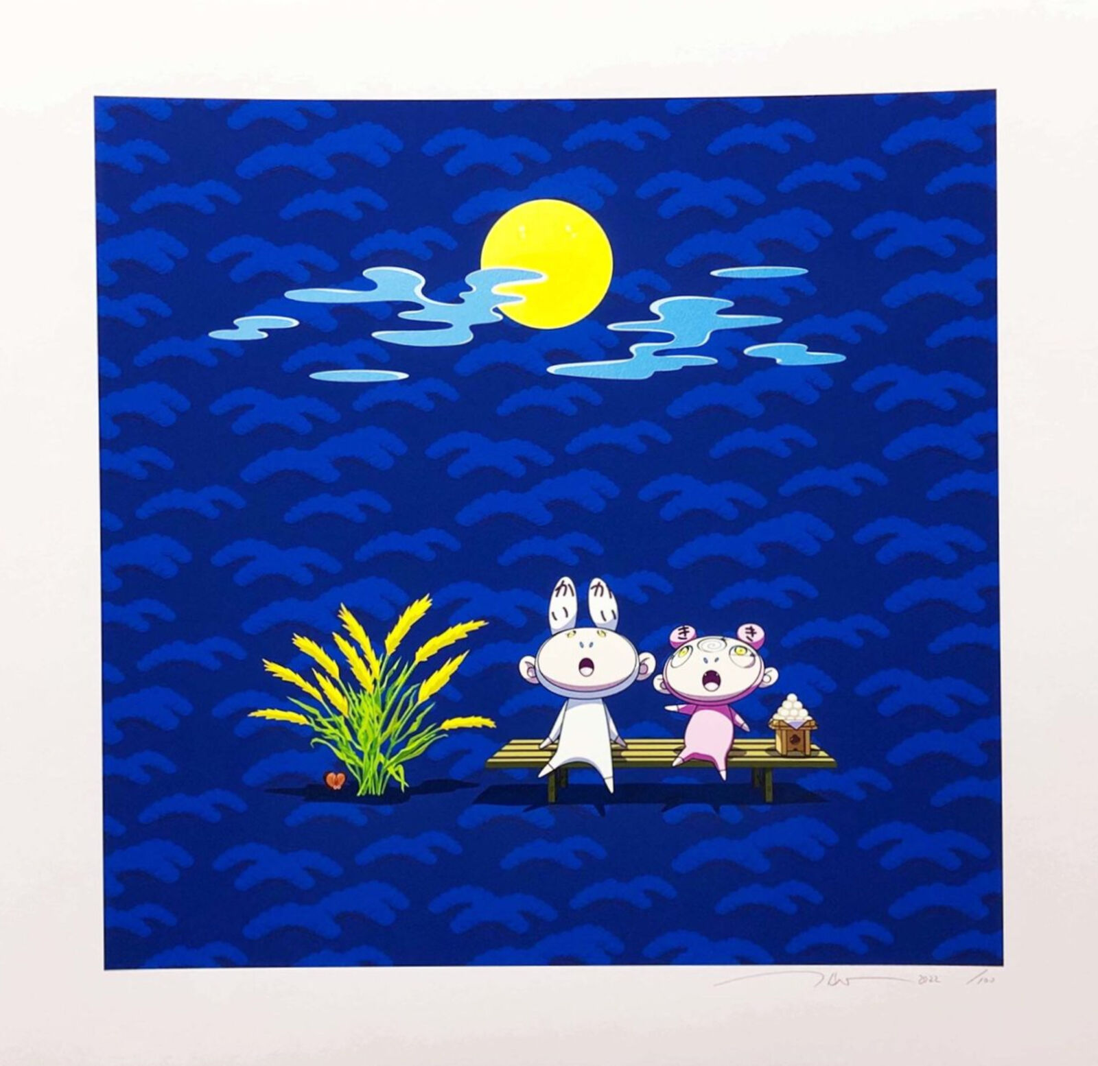 A painting of two rabbits sitting on a bench in the moonlight.