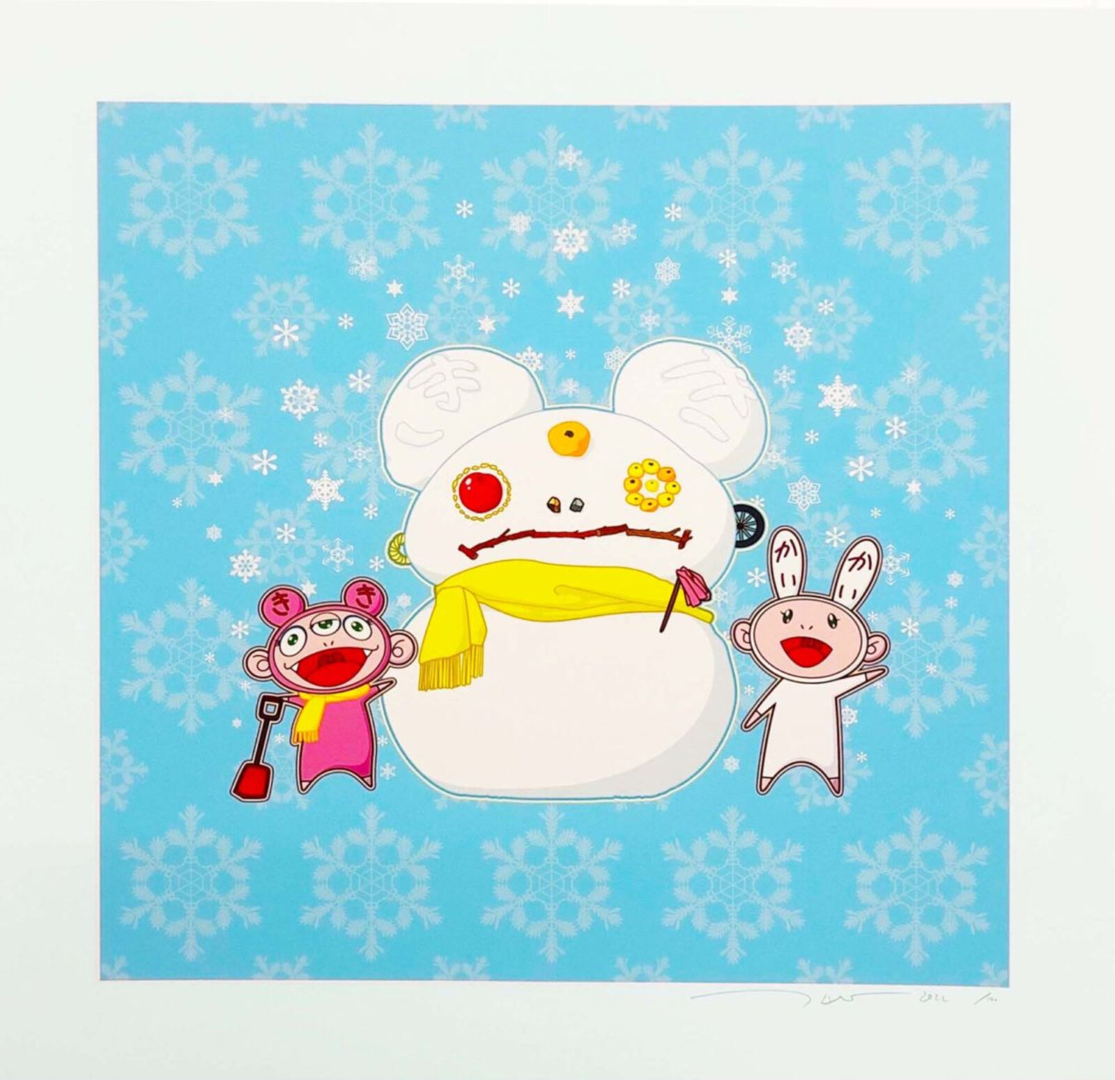 A picture of a snowman with two small animals in front of a blue background.
