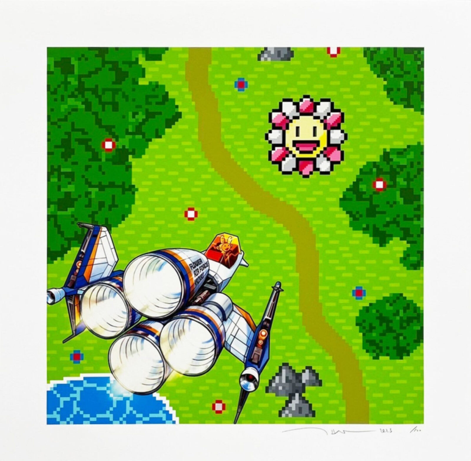 A pixel art of a space ship flying over a green field.