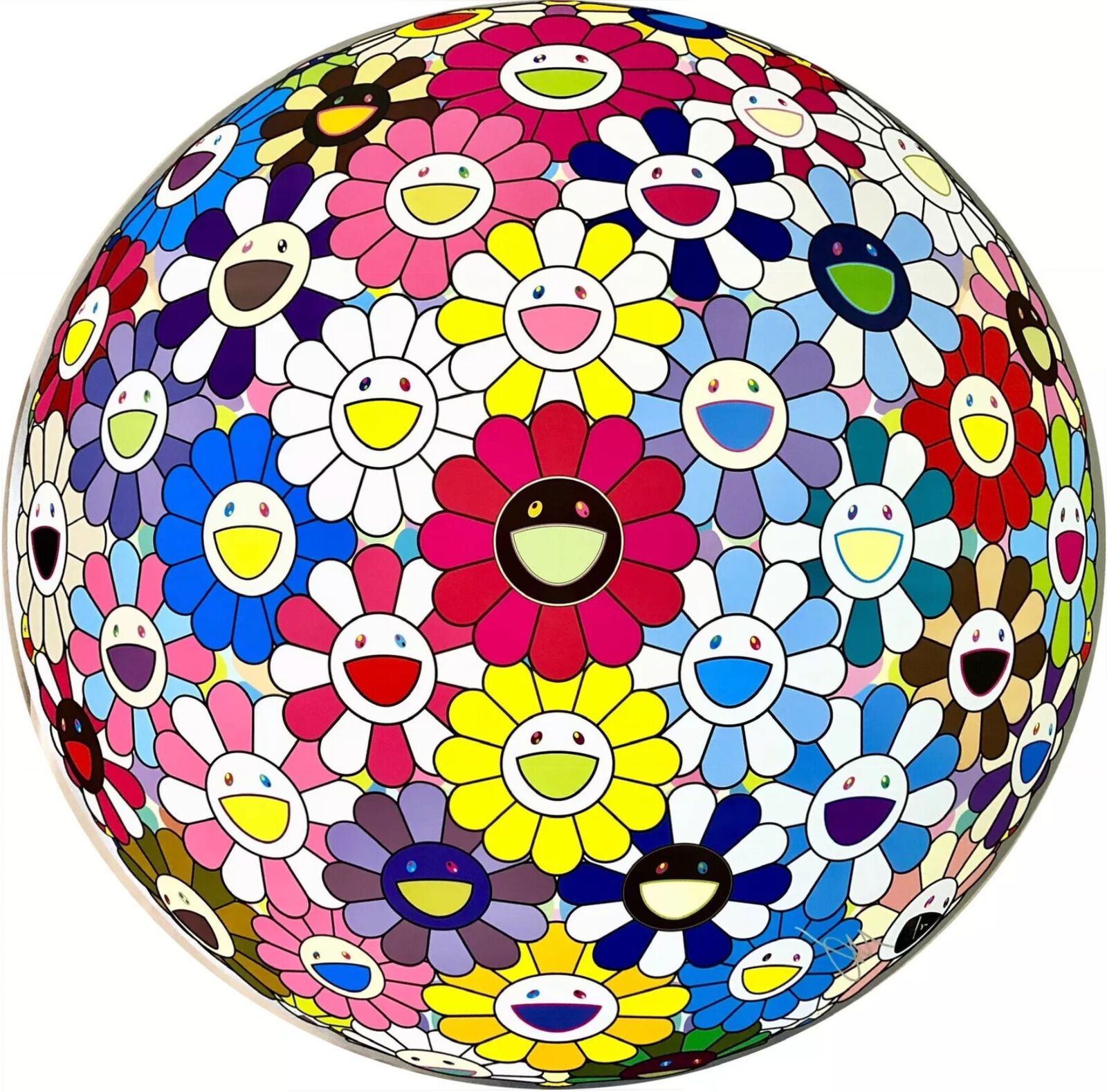 A colorful ball of flowers with smiley faces on it.