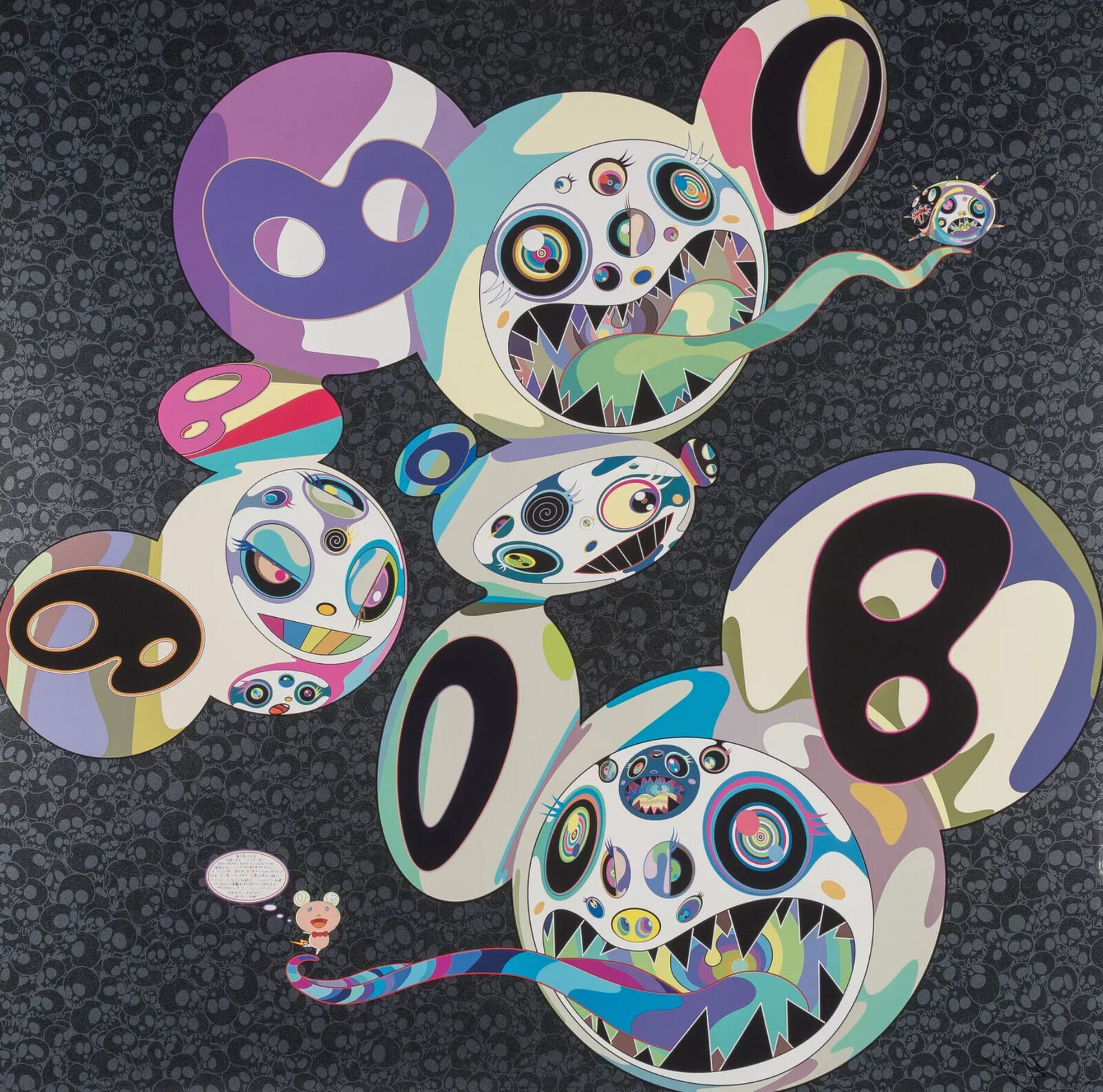 A painting of a group of cartoon characters on a black background.