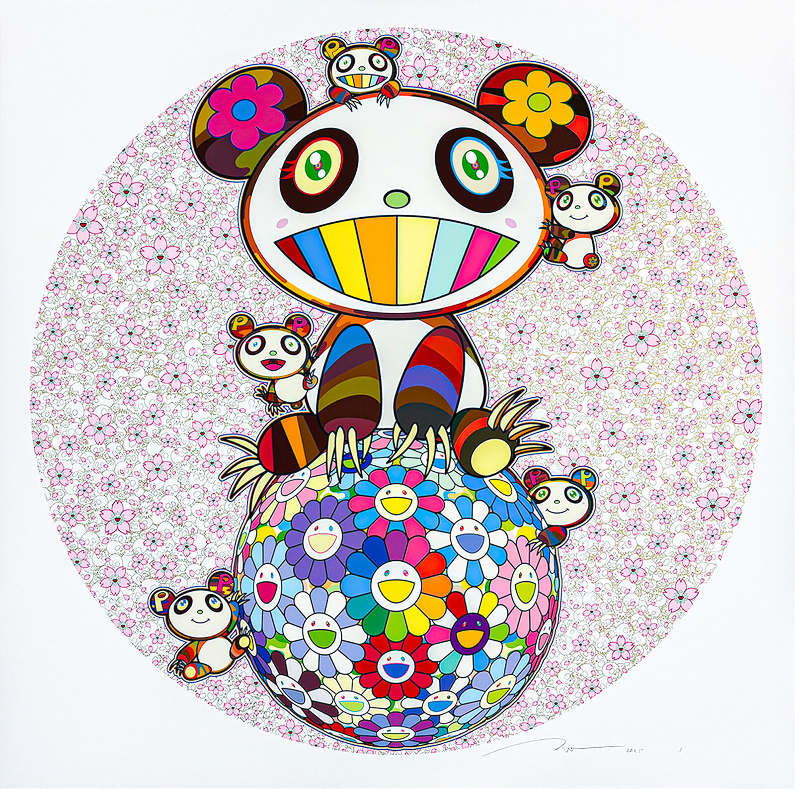 A painting of a panda bear sitting on top of a colorful ball.