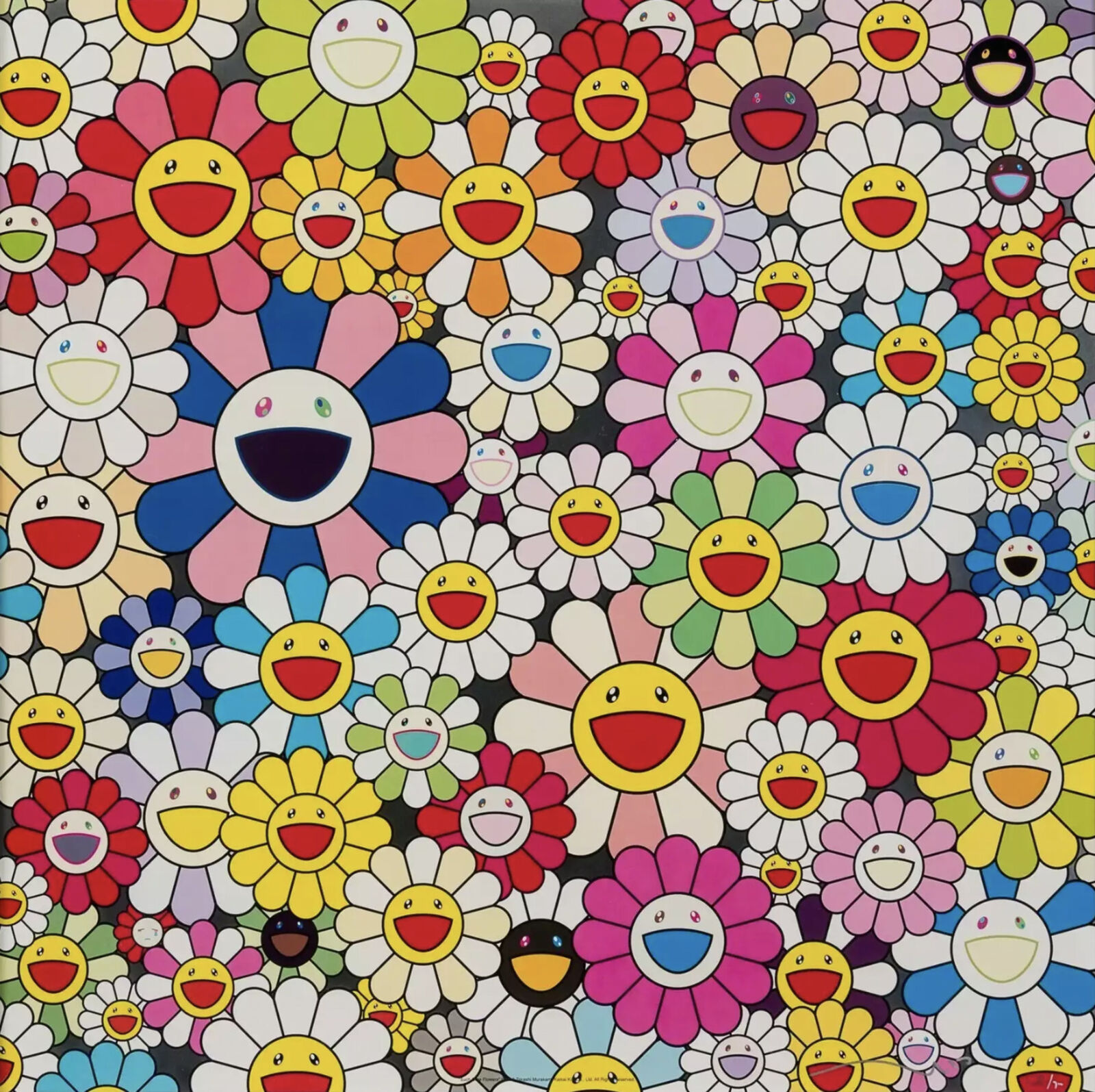 A large group of colorful flowers with smiley faces.
