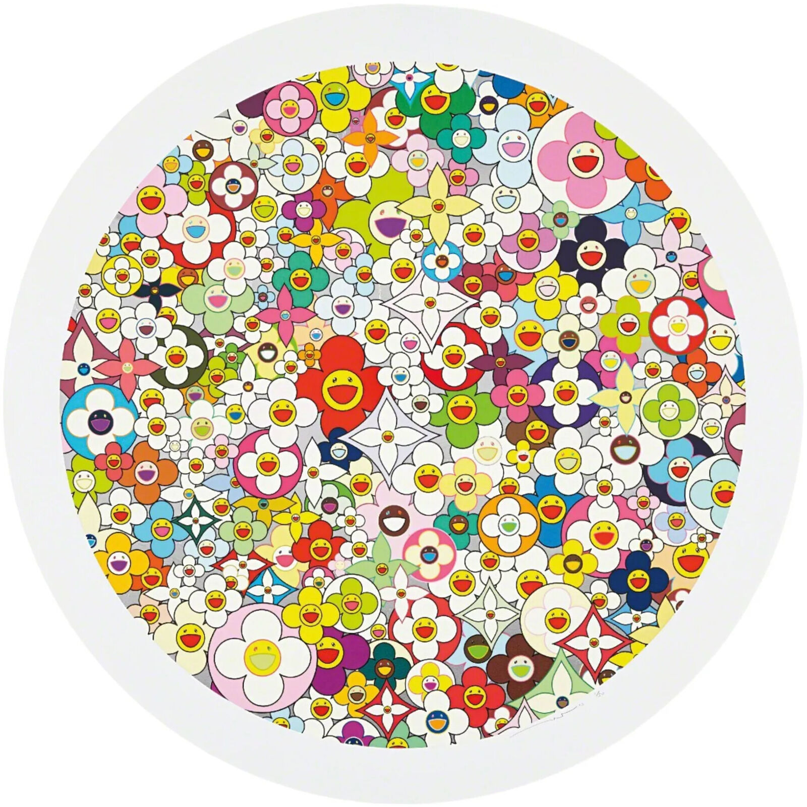 A circle of colorful flowers with smiley faces on them.