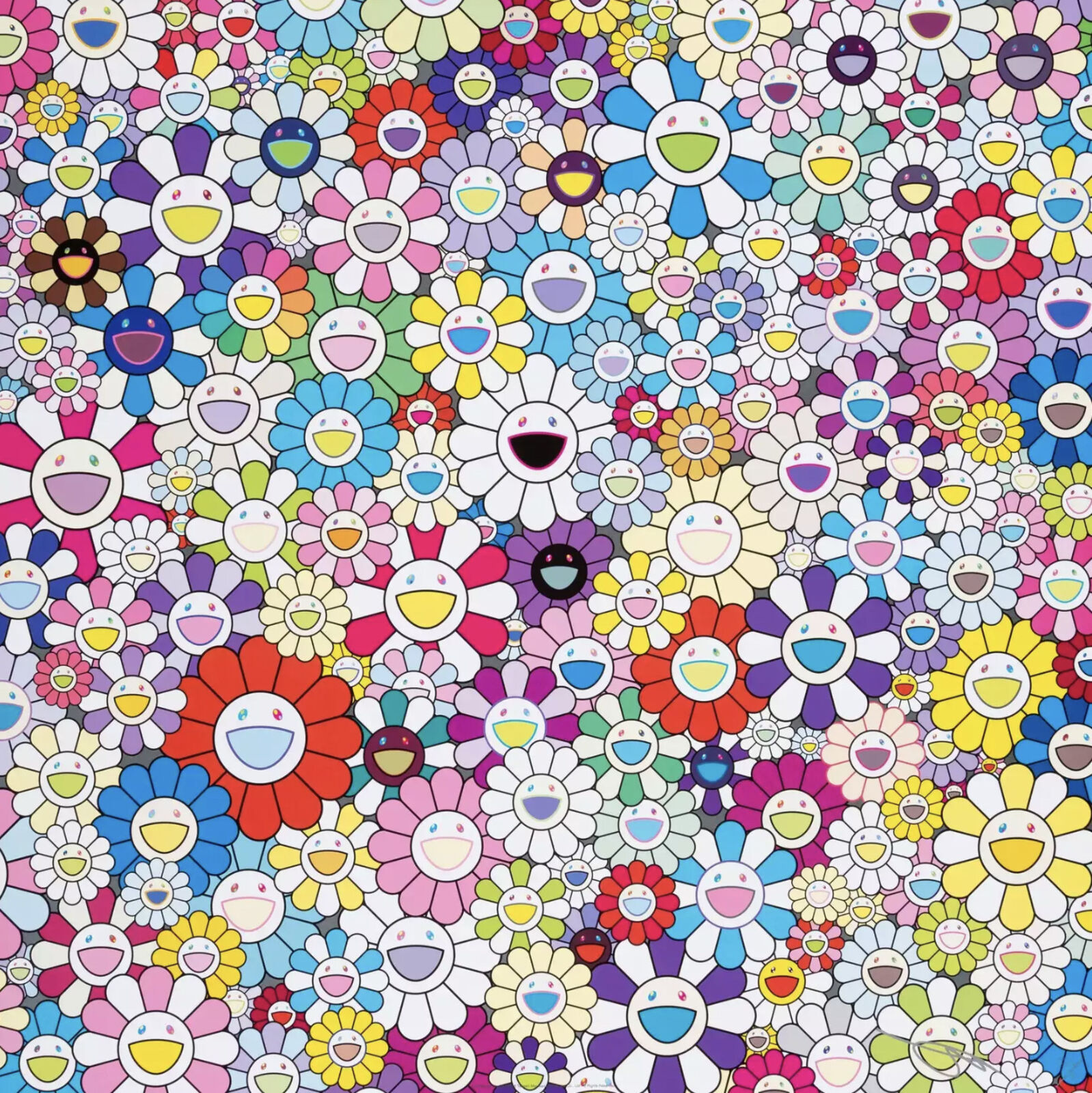 A large group of colorful flowers with smiley faces.