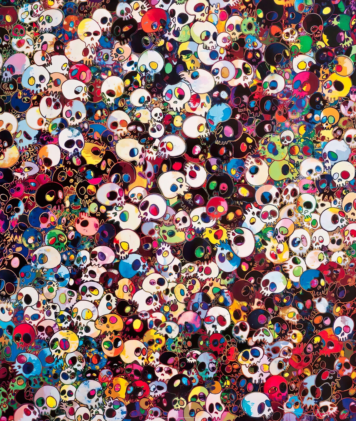 A large group of colorful skulls on a black background.