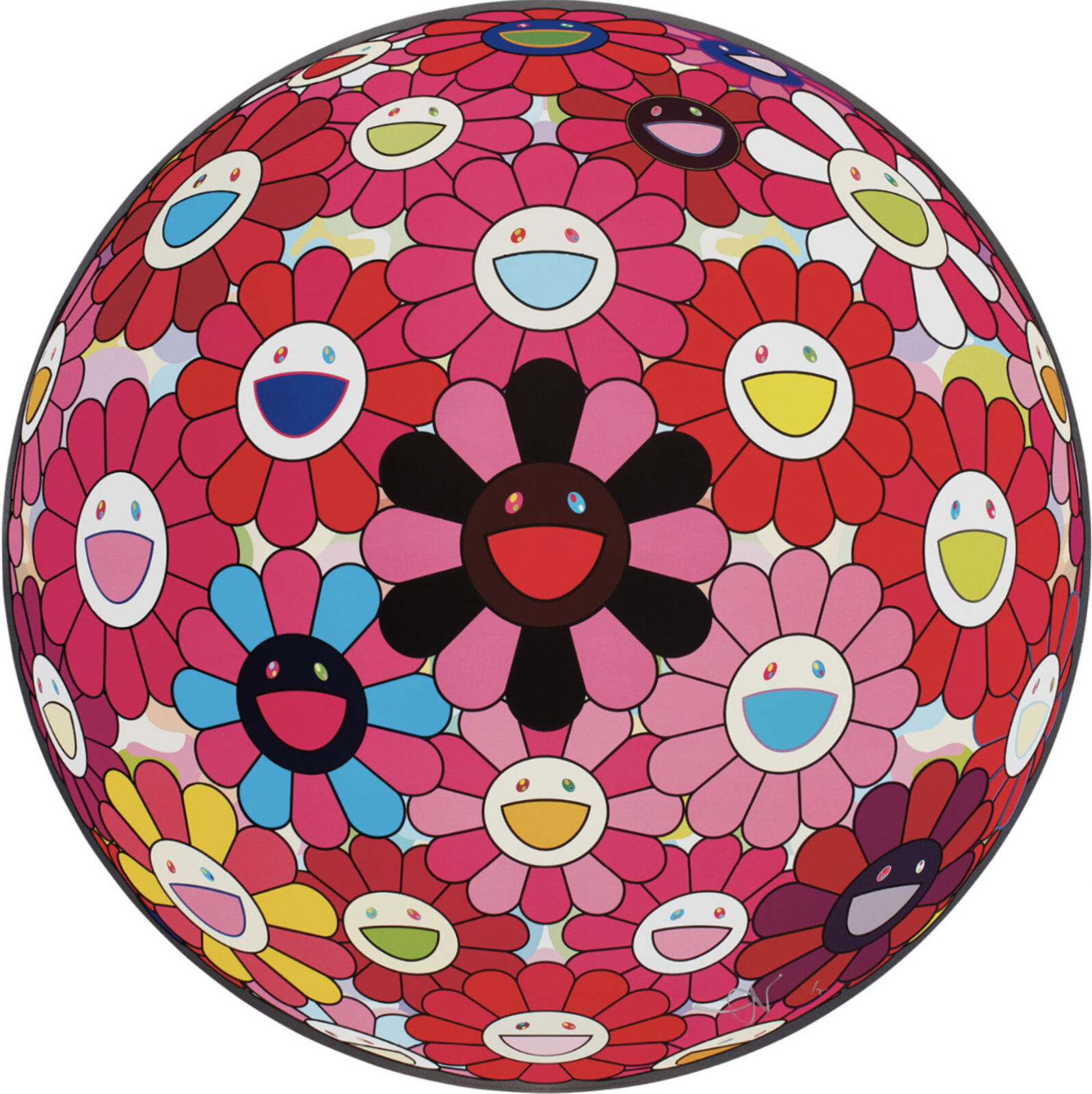 A colorful flower ball with smiley faces on it.
