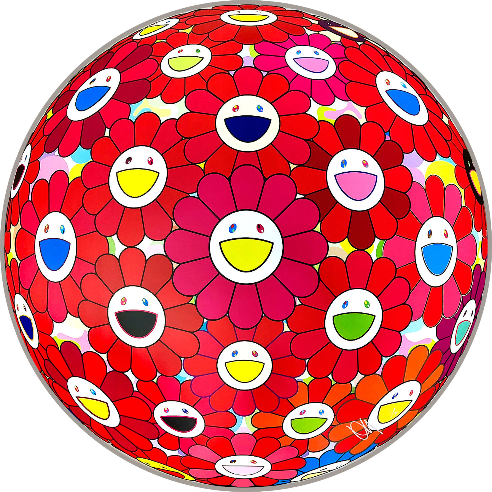 A colorful ball of flowers with smiley faces on it.