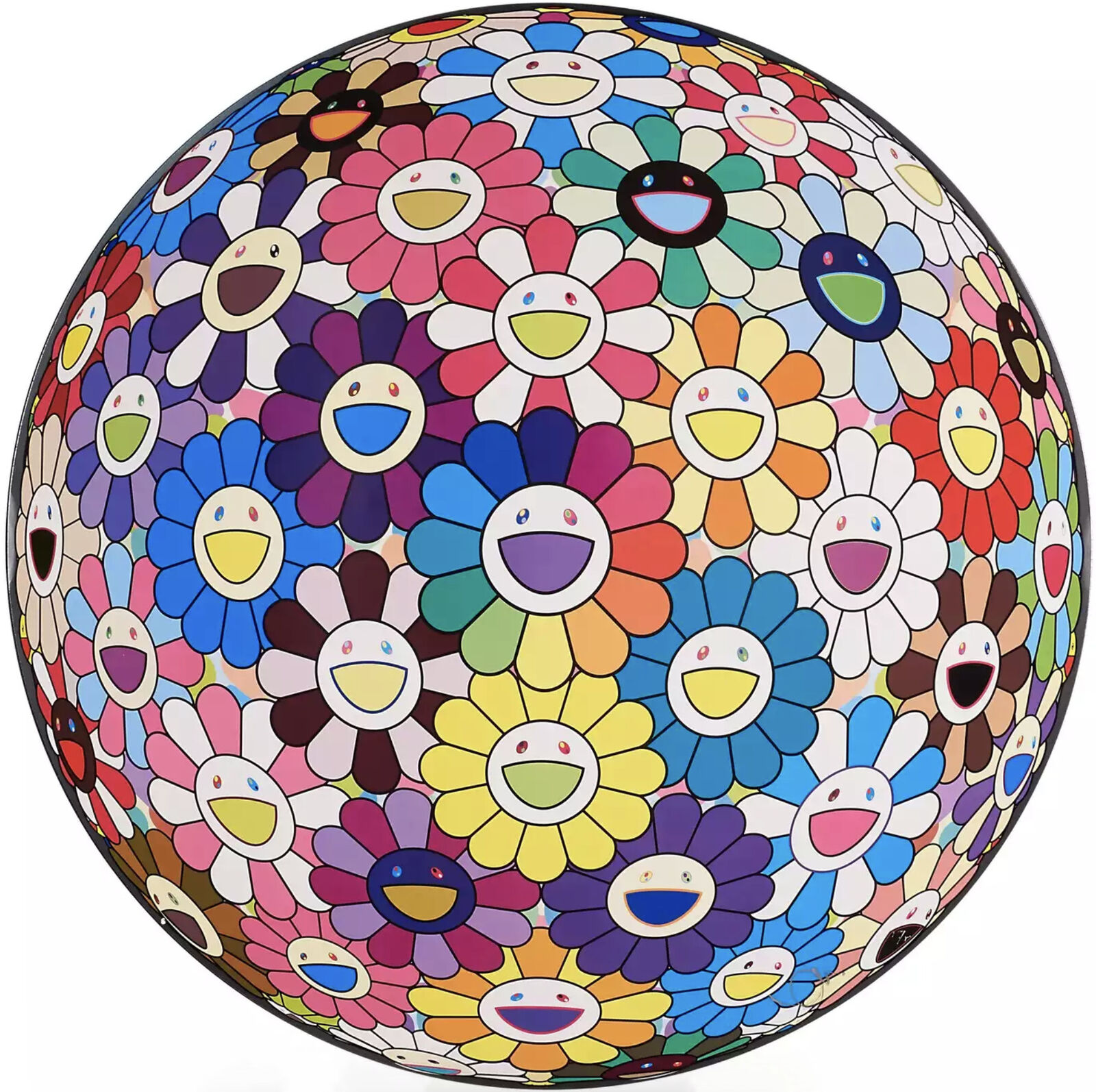 A colorful flower ball with smiley faces on it. 