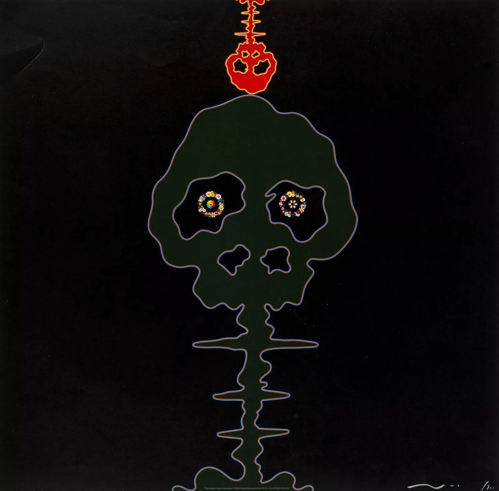 A black poster with a skull and a red heart on it.