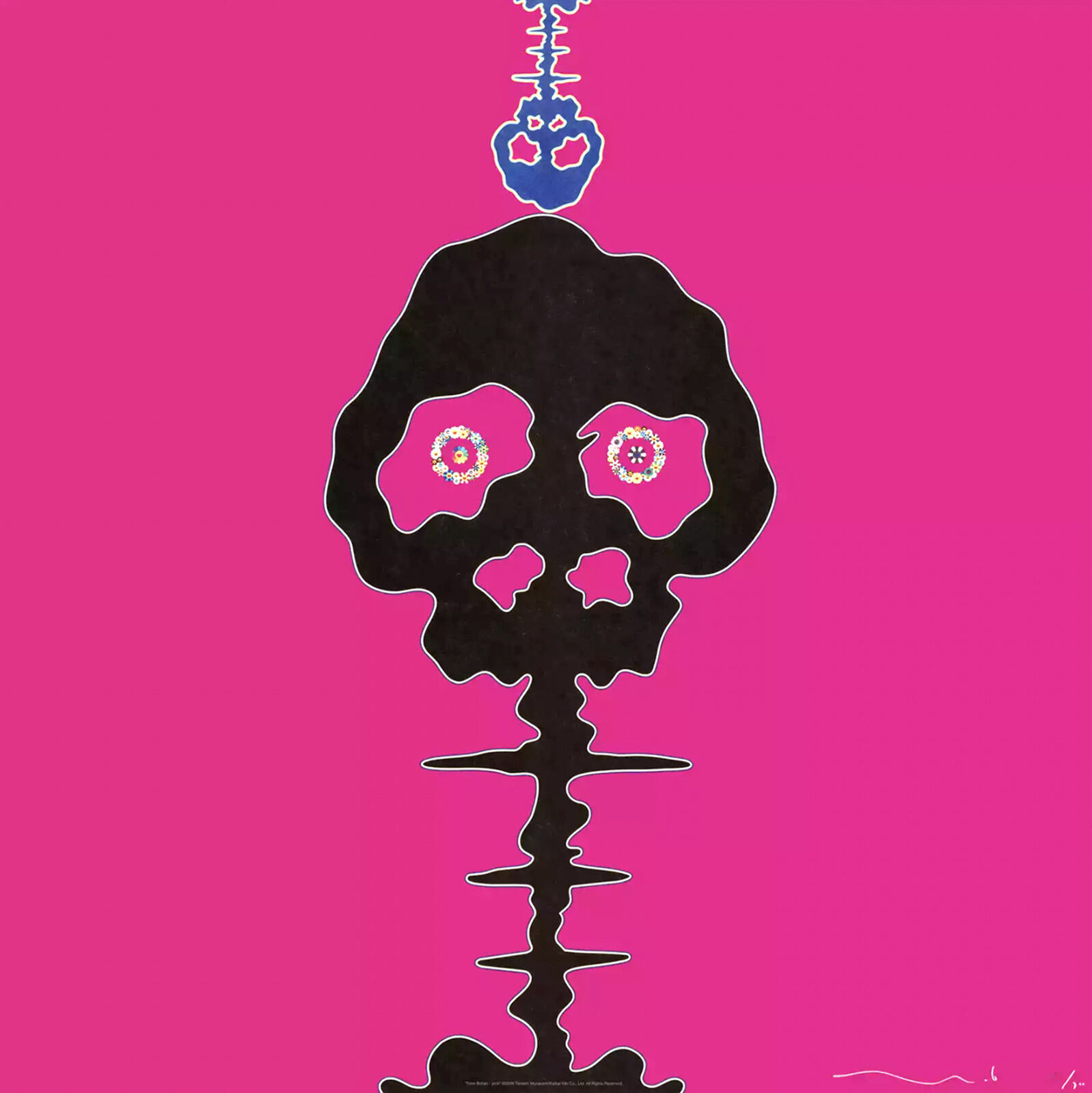 A pink background with a black and pink skull on a pink background.