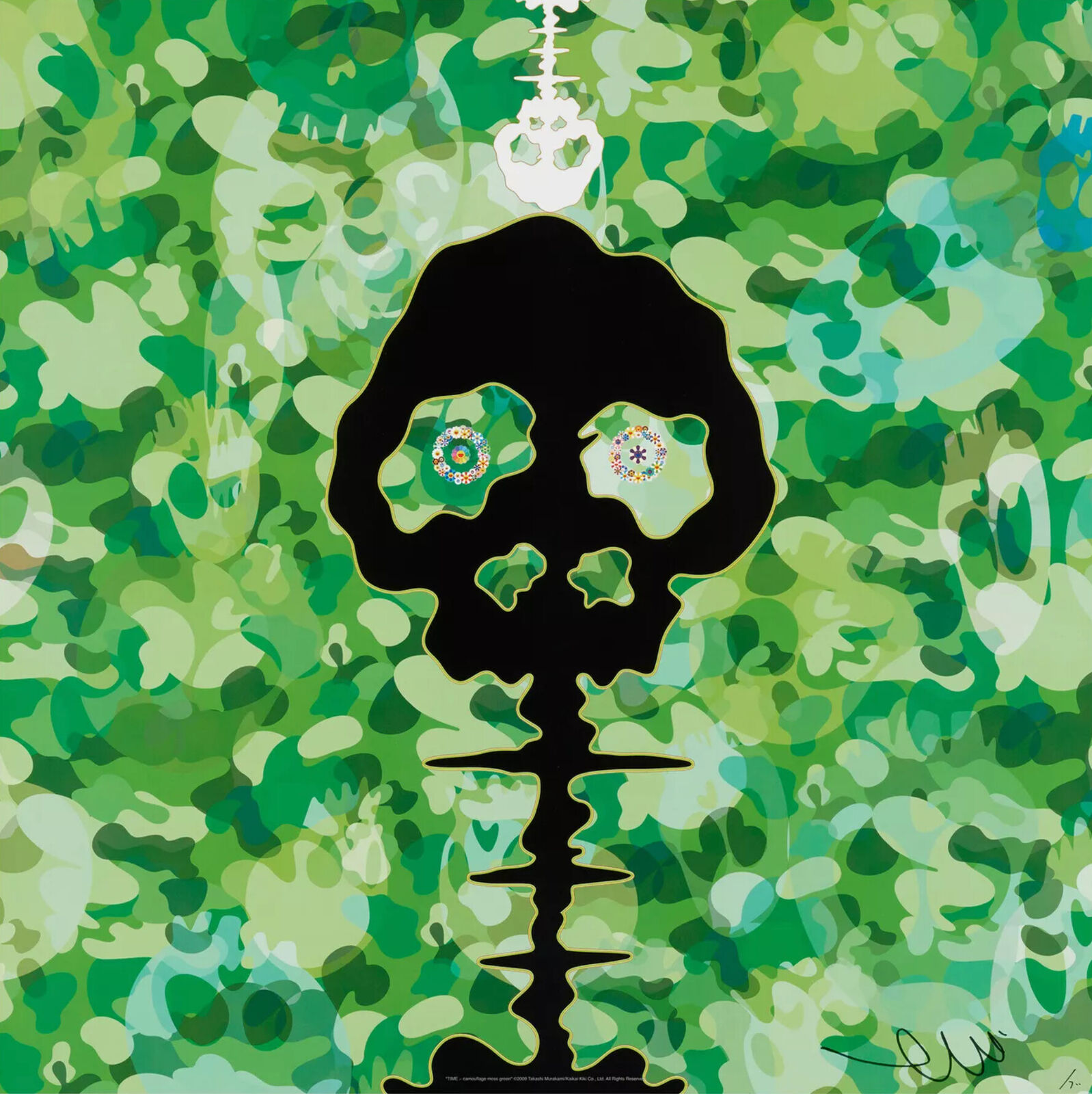 A painting of a skull on a green background.