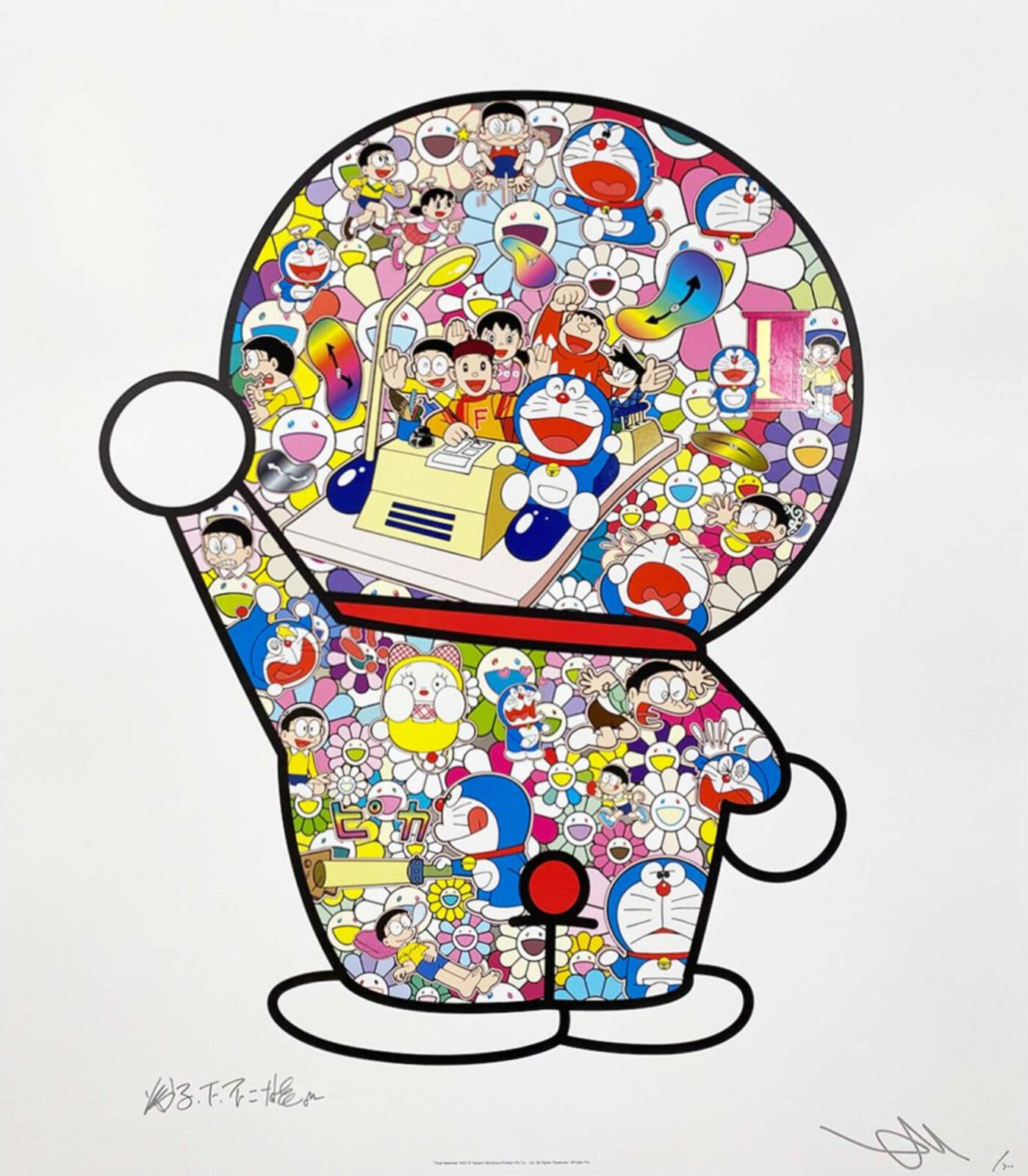 A drawing of a doraemon with many different colored characters on it.