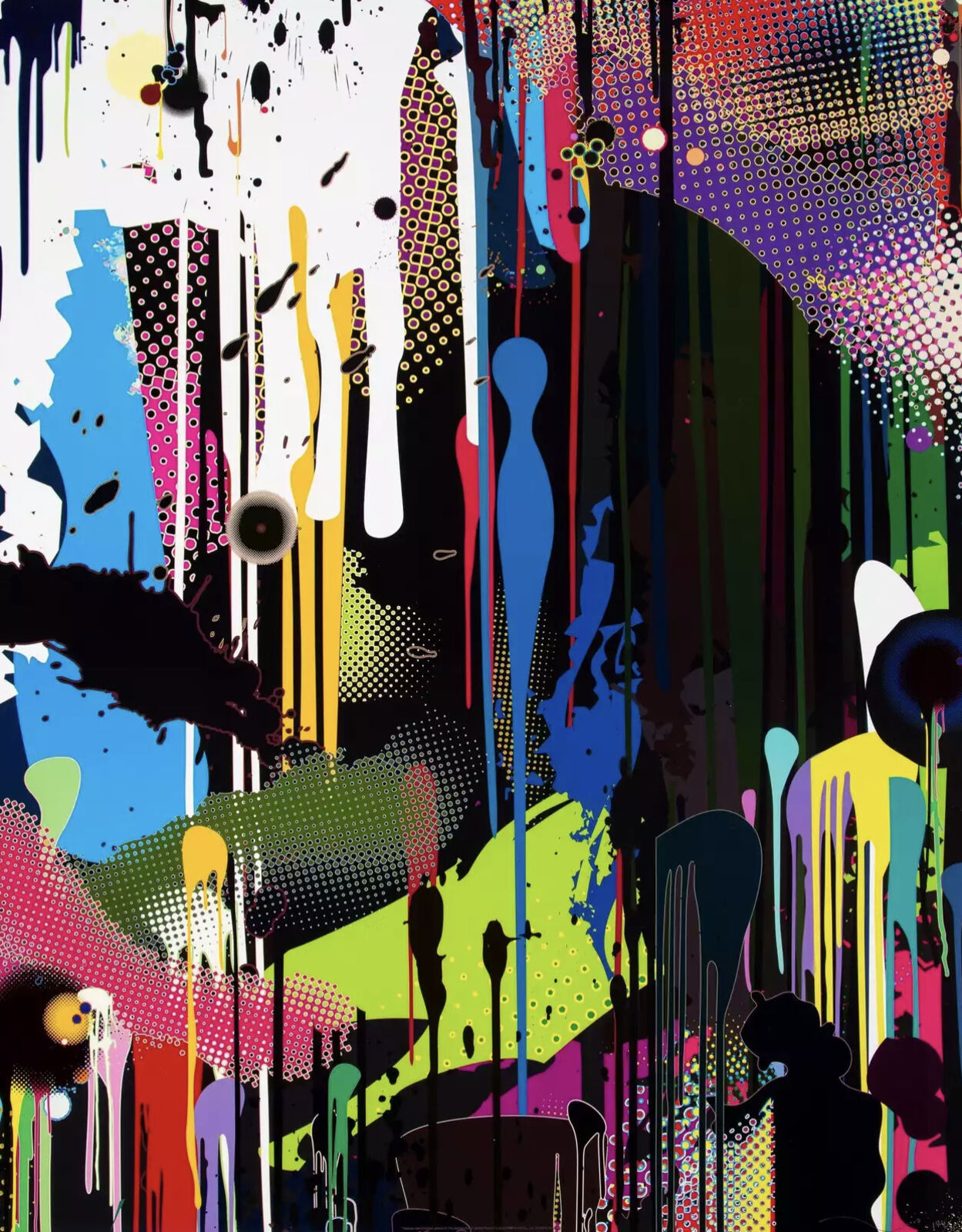 A colorful abstract painting with lots of paint splatters.