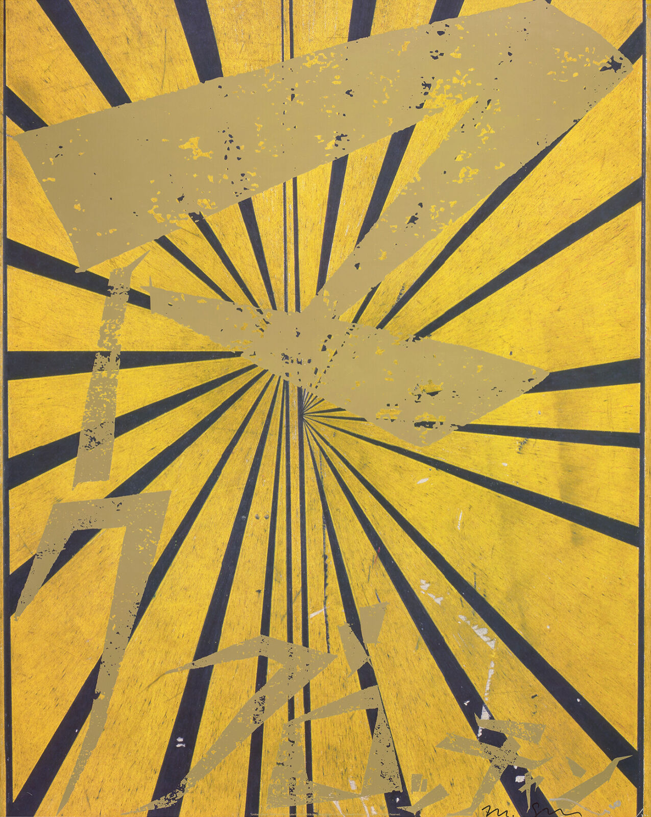 A yellow and black painting with a sunburst design.